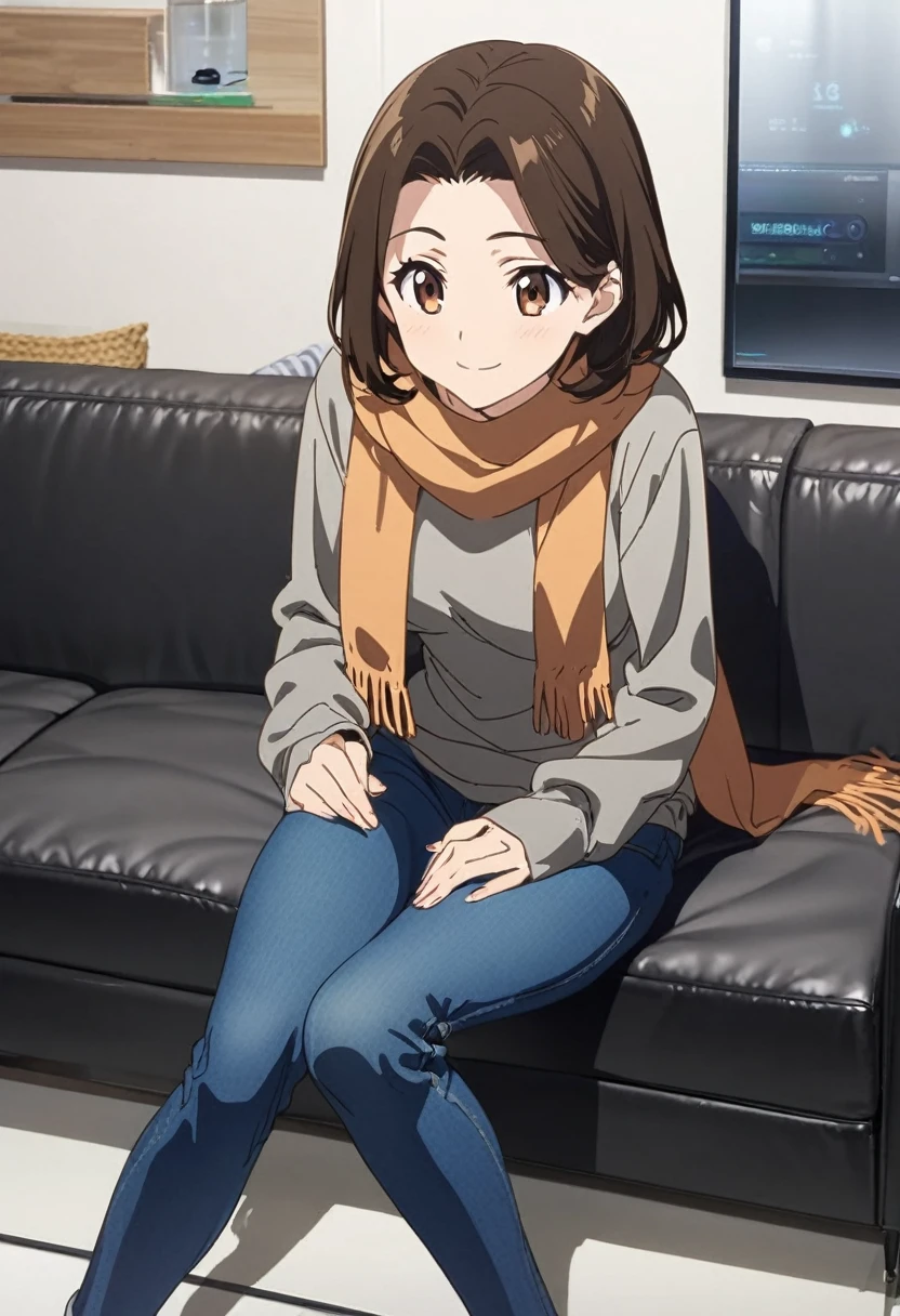 Bell, anime, Brown hair, medium breasts, Brown eyes, A slight smile, jeans, scarf, gray sweatshirt, blue pants, sitting, legs crossed, Inside the smart home, sitting on the couch, Assad Sino's face, anime Sword Art Online, Best quality