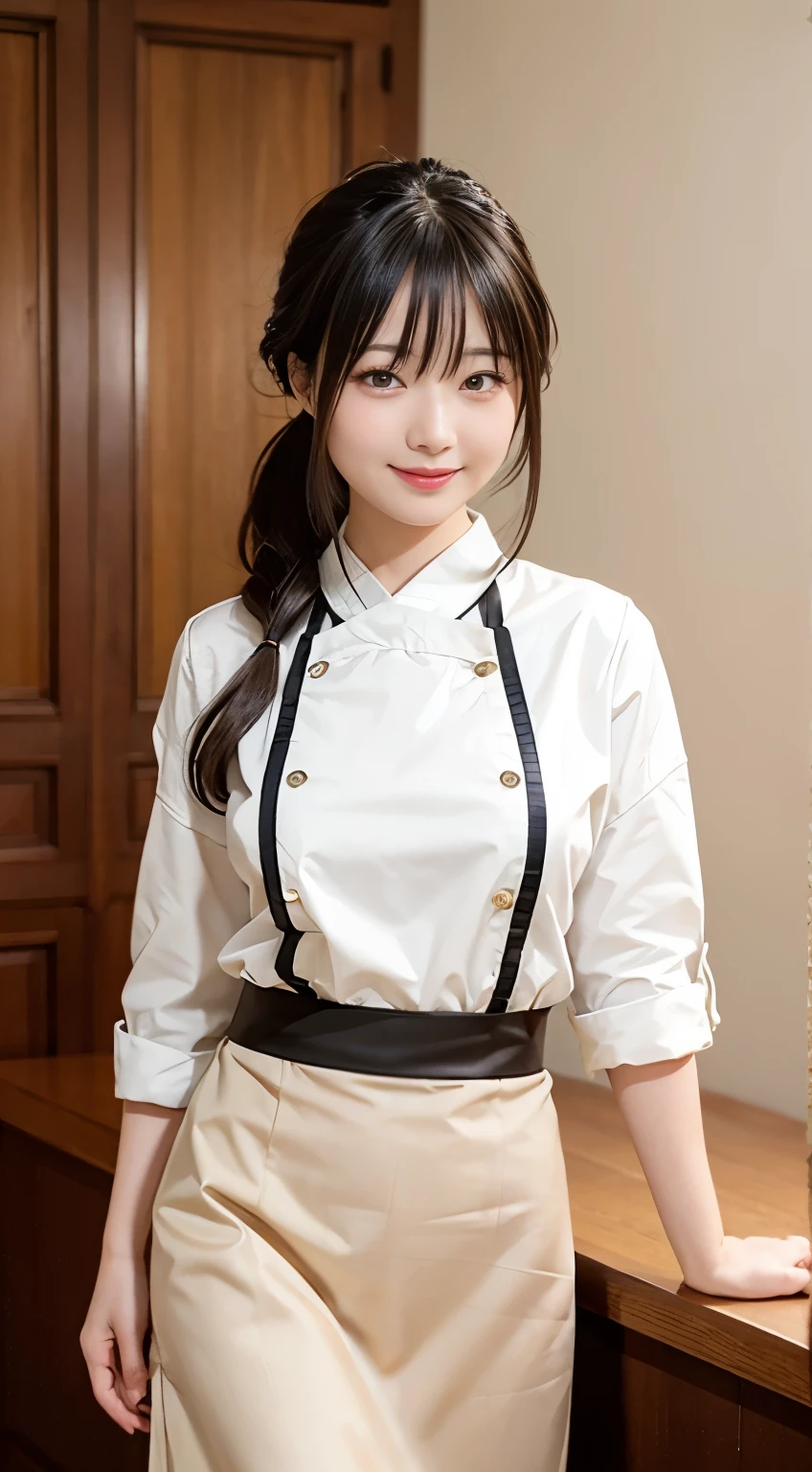 (highest quality,masterpiece:1.3,Ultra-high resolution,),(Very detailed,Caustics),(Photorealistic:1.4,RAW shooting,)Ultra-Realistic Capture,Very detailed,High resolution 16K human skin closeup。 Natural skin texture、,Pores、、、、It must be detailed enough to be easily identifiable。 Skin tone is even and healthy looking。 Use natural light and color,restaurant,Waitress Uniform,1 girl,Japanese,18-year-old,cute,Black-haired,ponytail,Big Breasts,smile,Turn your body forward,(Front view:1.1),Looking at the camera,Cowboy Shot,