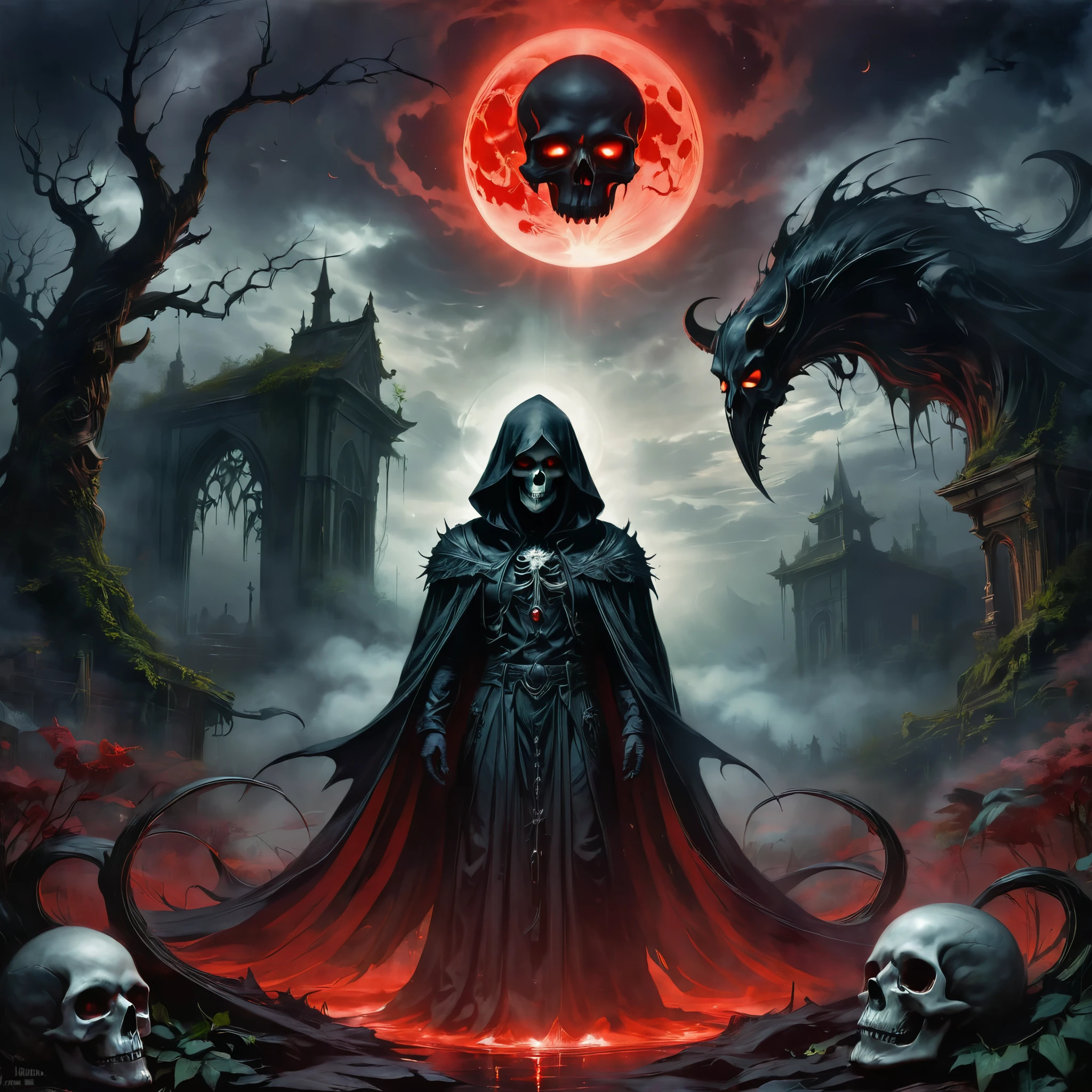 (best quality,4k,8k,highres,masterpiece:1.2),ultra-detailed,(realistic,photorealistic,photo-realistic:1.37),dark,ominous,black,death,grim reaper,garden,pale moonlight,mysterious figure,sharp scythe,hooded cloak,intense gaze,dreadful presence,glowing red eyes,morbid atmosphere,eerie silence,floating shadows,haunting beauty,ethereal,otherworldly,macabre,spooky,foreboding,gothic,dark fantasy,nightmare-inducing,creepy,unsettling,deathly stillness,unseen entity,ominous aura,supernatural,shadowy figure,sinister,solemn,reflection of the end,charcoal color scheme,fading light,hauntingly beautiful,skull motif,imposing,ominous clouds,desolate,purgatory-like,silent whispers of mortality,withering flowers,doom-inspired,contrast of light and darkness,fearful anticipation,specter of death,lunar glow,gloomy ambiance,dreadful revelation of mortality，xill