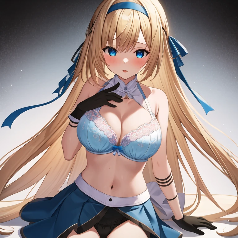 (masterpiece, best quality:1.2), (1girl), (solo), ((blond hair)), blue hairband, blue hair ribbon on the left, white-blue bra, black gloves, knight skirt, Solid color background