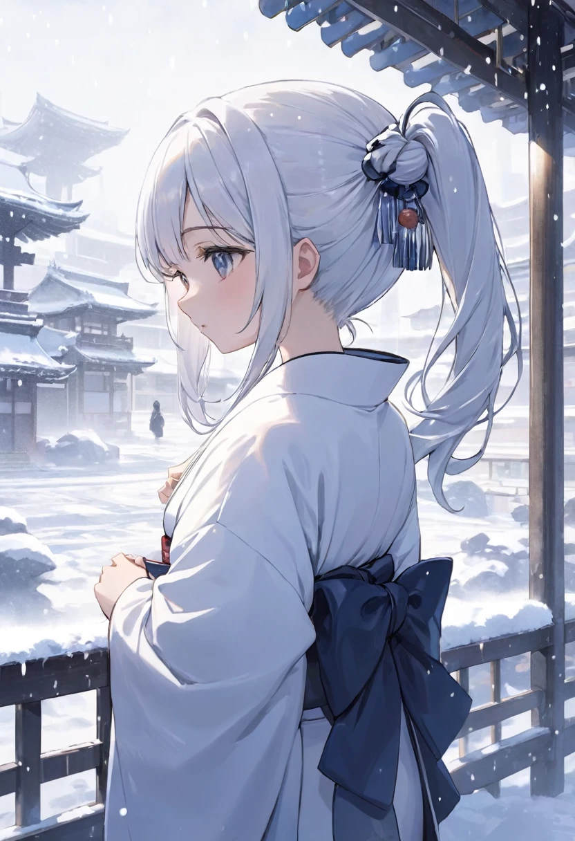 High quality, high definition, hig
h precision images,8k 1 Girl 、white twin tails hair, wearing a Future white kimono,Inside the future city A snowy landscape, lots of snow falling, looking at the snow on his hands with sadness.

