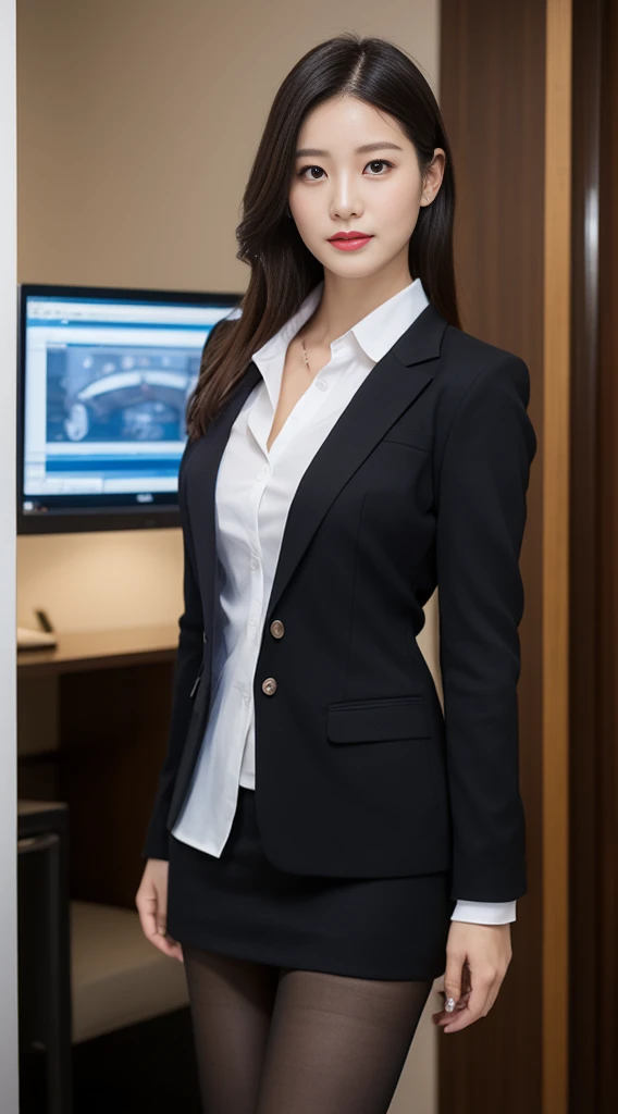 Classy upper-class elite secretary in business shirt, working in an office、Wearing a strict business suit, Wearing pantyhose、Wear high-end high heels、 Girl in a shirt, Wearing a business suit, Wearing a business suit, in a business suit, businesswoman, business clothes, wearing black business suit, Wear shirts and skirts, Woman in business suit, Business attire, business outfit, Raw photo, (8K、top-quality、​masterpiece:1.2)、(intricate detailes:1.4)、(Photorealsitic:1.4)、octane renderings、Complex 3D rendering ultra detail, Studio Soft Light, Rim Lights, vibrant detail, super detailing, realistic skin textures, Detail Face, Beautiful detail eyes, Very detailed CG Unity 16k wallpaper, make - up, (detailedbackground:1.2), Exposed thighs!!!,