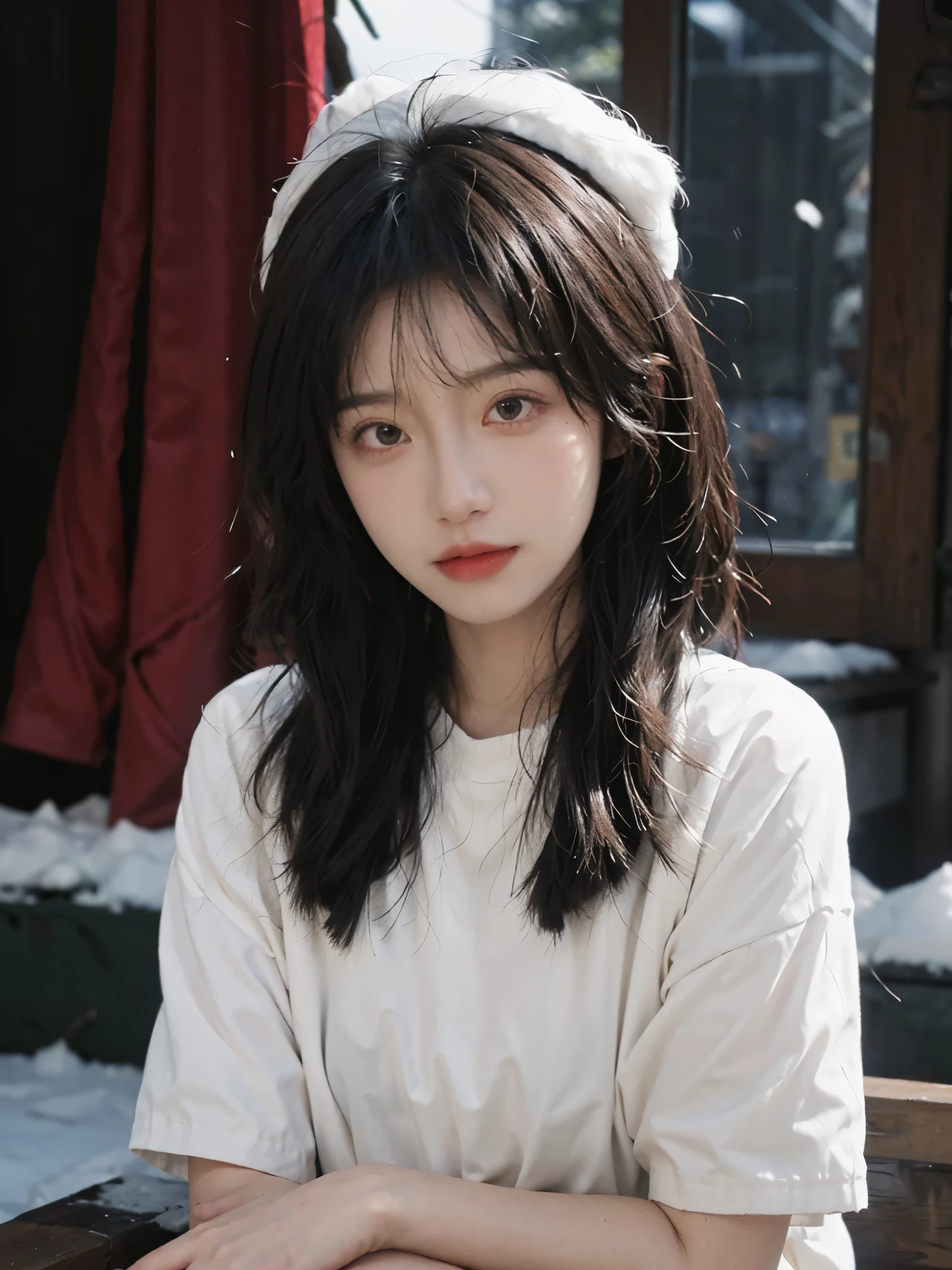 best quality, Ultra-high resolution,16K, Snow White Background,Red short sleeve,(Realistically:1.4),Royal sister, Cold girl,JK, A pair of eyes as clear as snow,Imperial sister,Black long straight, Looking at the audience,