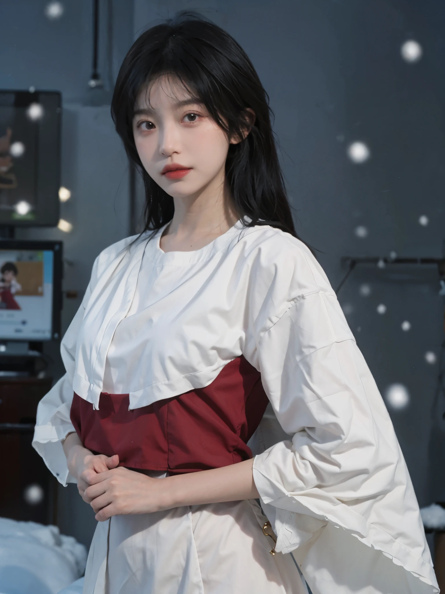 best quality， Ultra-high resolution,16K， Snow White Background，Red short sleeve，（Realistically：1.4），Royal sister， Cold girl，JK， A pair of eyes as clear as snow,Imperial sister，Black long straight， Looking at the audience， 