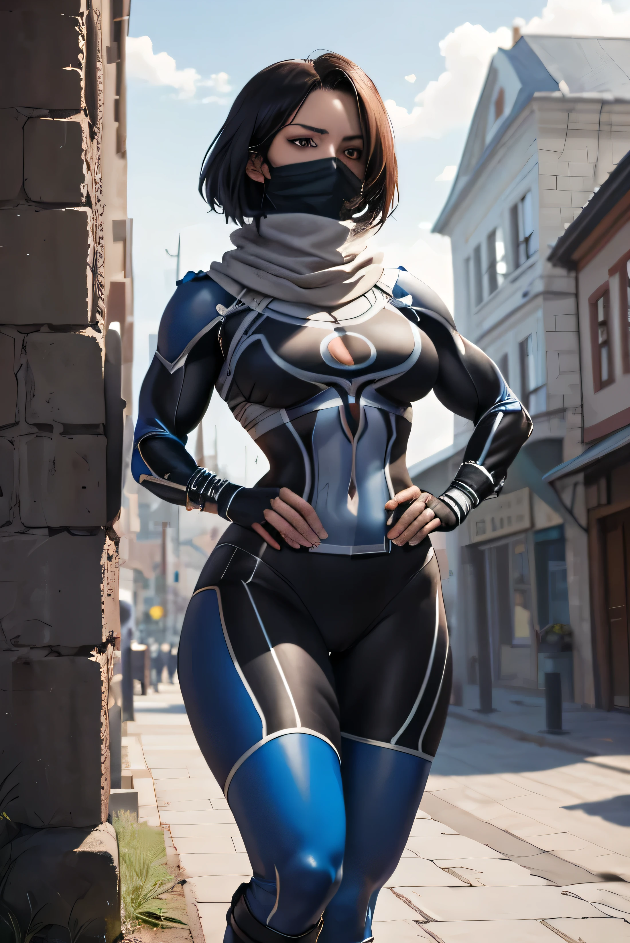 highest quality, Roscheikh, One girl, Black Mask, scarf, Blue bodysuit, Surcourt, bandage, Are standing, town, Thighs, cool,Hero,Protect me,one person,maternal,strong,Muscular,boots, Hands on hips, View your viewers,Gal,Older Woman,40s,Mature Woman