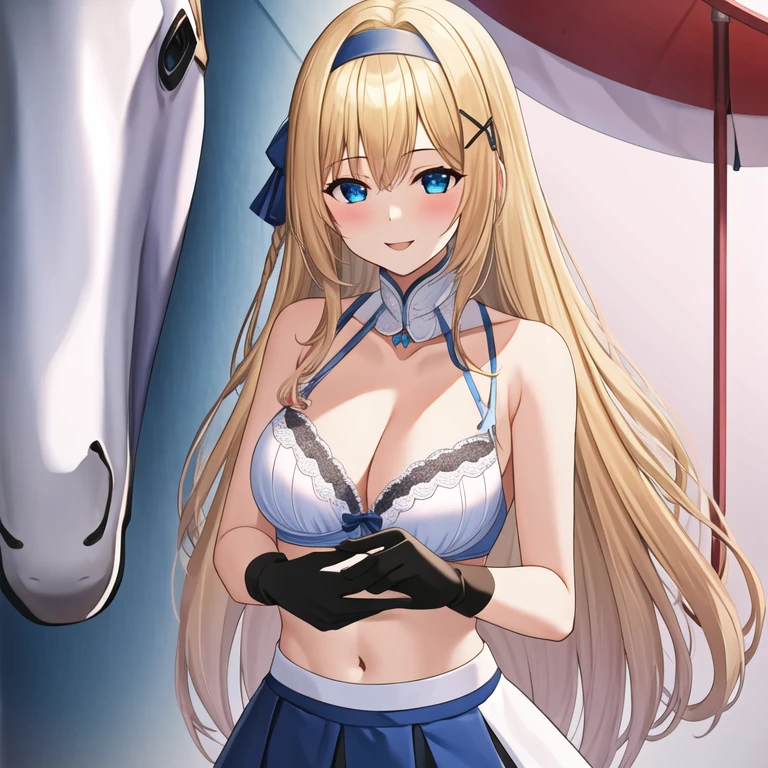 (masterpiece, best quality:1.2), (1 Girl), (Solitary), ((blond)), Blue hair band, 左边是Blue hair band, White bra, Black gloves, knight skirt, Smile, Solid color background