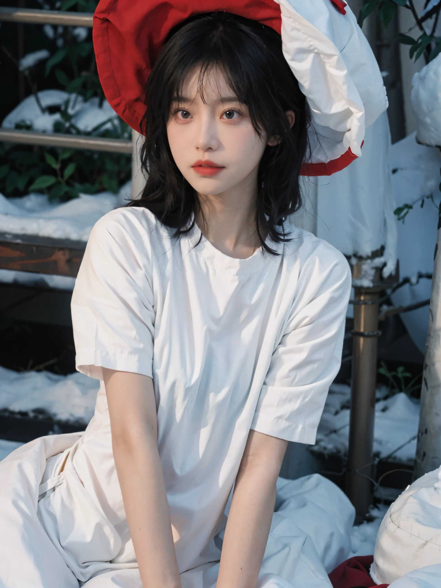 best quality, Ultra-high resolution,16K, Snow White Background,Red short sleeve,(Realistically:1.4),Royal sister, Cold girl,JK, A pair of eyes as clear as snow,Imperial sister,Black long straight, Looking at the audience,