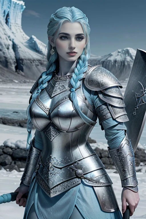 Age33,Icelandic, ((((very beautiful)))), heavily muscled female frost giant with braided silver hair, ((holding a great axe)),((((pale blue skin)))), ((wearing steel plate mail armour)), earrings, ((realistic eyes)),beautifully detailed eyes, angry looking