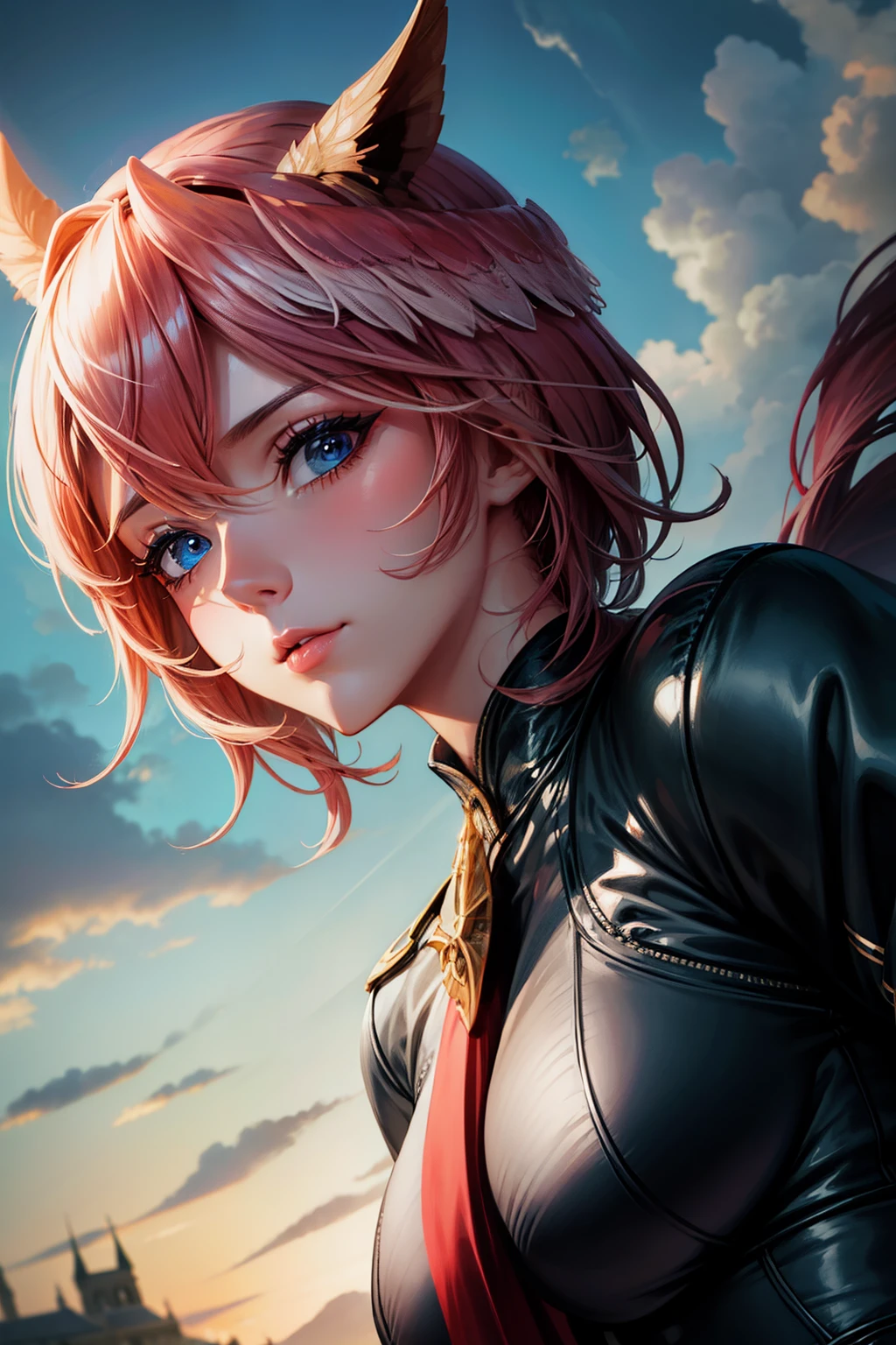 Cloudy weather,, masterpiece, best quality, illustration, beautiful face with detailed shading, best anatomy, beautiful face, eyes shining, horse racing clothes, medium breasts, upper body