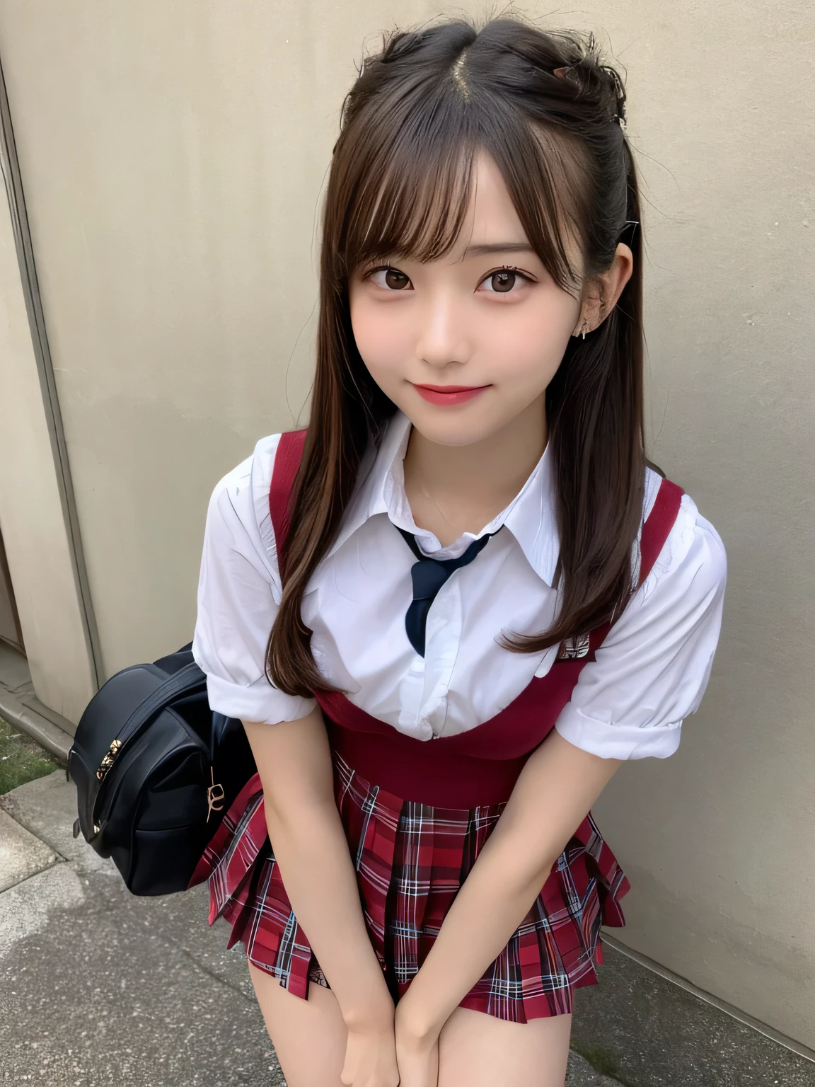 highest quality、figure、 Cleavage、Ultra-detailed、High resolution、8k wallpaper、Perfect dynamic composition,、Beautiful fine details、Natural color lip、Bold sexy pose、smile、18-year-old girl、cute、Sexy shot looking at the camera、(highest quality: 1.3), (masterpiece: 1.3), (Super Detail: 1.3), (One Girl: 1.1), (Detailed hands and fingers:1.2)、(Ultra-oily, lustrous skin with attention to detail:1.1)、Oily shiny knee socks、(The perfect school girl uniform:1.3)、Short-sleeved shirt with front opening、Cleavage、sexy、(Beautiful shapely small breasts:1.3)、(Red mini skirt:1.2)、I can see your thighs、Brown Hair、Twin tails、Beautiful sister、Yellow wall,sexy、I can see your thighs、