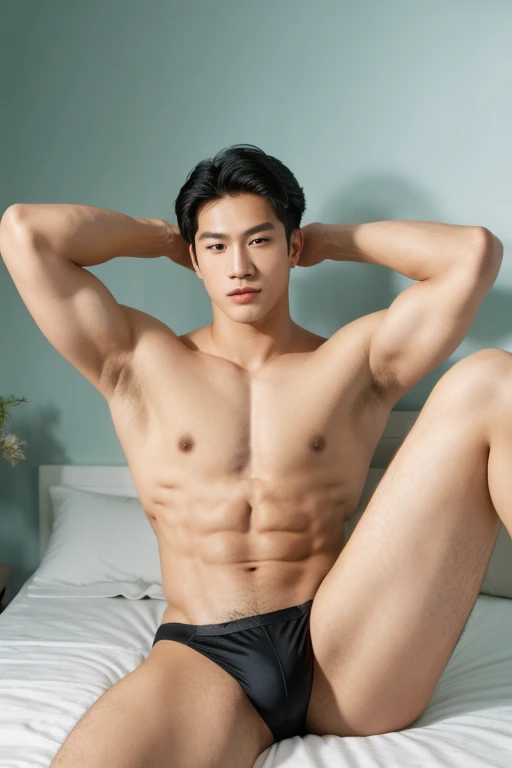 full body shot of an Asian ************ young man with very nice chiseled jaw and chest, big biceps, perfect face model, with symmetrical facial features, attractive facial features, perfect face, flawless face, perfect facial features, clean perfect symmetrical face, richly defined face, clean beautiful symmetrical face, attractive symmetrical face, perfect face and eyes, shirtless, lying on the bed, lifted arms, spread legs, sexy bikini T-back,