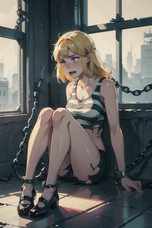 1girl, noelleholiday, blush, embarrassed, looking away, open mouth, priclothes, tank top, shorts, full body, prison cell, striped clothes, prison clothes, torn clothes, ball and chain restraint, chain, shackles, cuffs, striped shorts, sitting, indoors, window, blue_eyes, blonde hair,