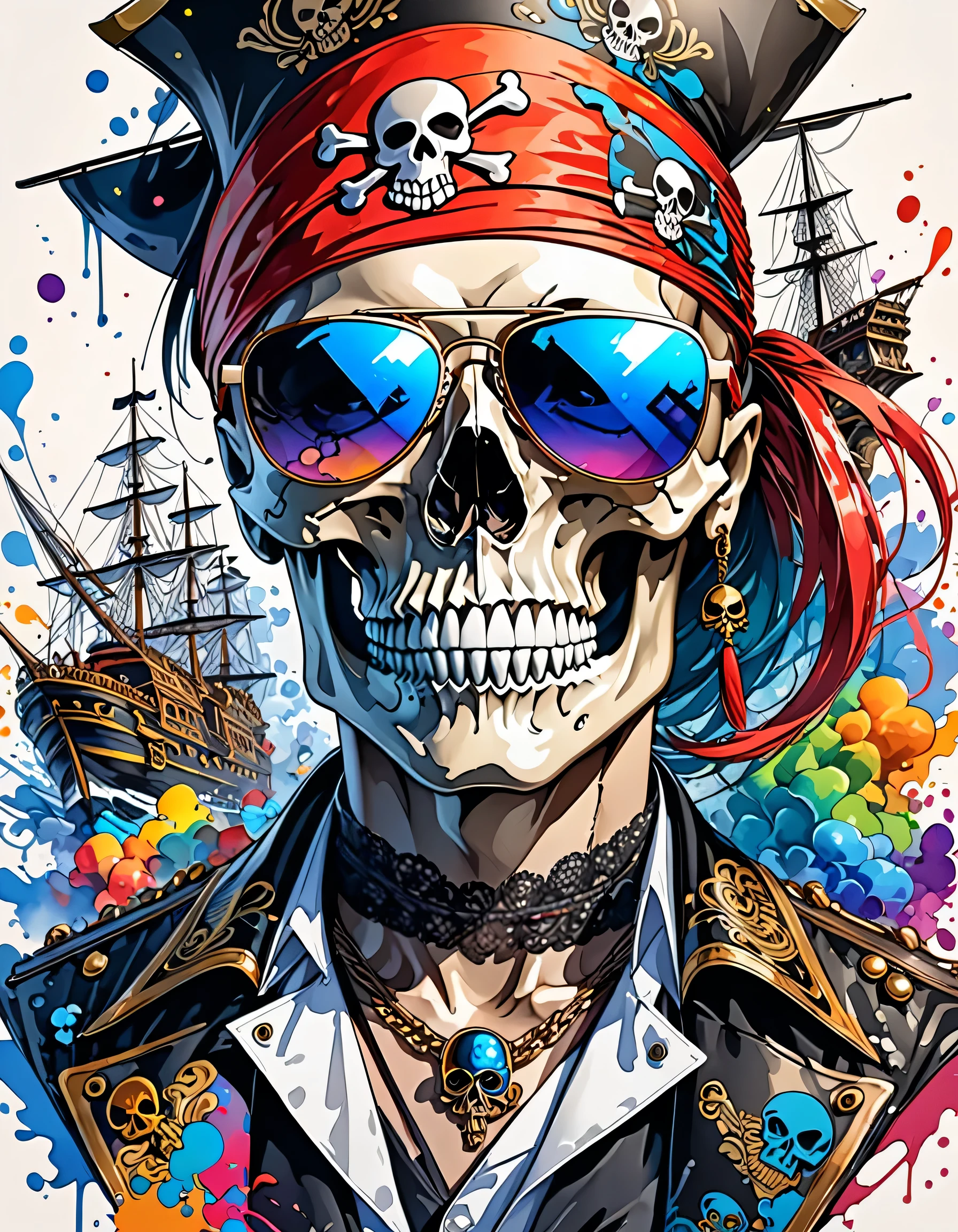 12stairs Style、(((stylish fashion))), 8K Quality、Intense watercolor, Detailed watercolor art, Watercolor splash, Surreal, avant-garde pop art, Beautiful and expressive paintings, Beautiful artwork illustration, Very colorful tones, wonderful, Cool beauty, highest quality、Official Art, Vector art, Stylish design, (((The Strongest SKULL Pirate in History))), (((Stylish sunglasses))), (((pirate ship))), (((highest quality))), HDR, ((detailed)), (((Doodle Art)), ((masterpiece)), ((Super detailed)), (((skull fashion))), (((Stylish))),