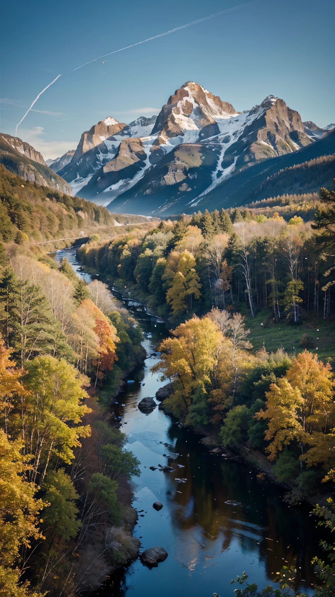 Generate a high-resolution photograph that captures the breathtaking beauty of nature. Focus on showcasing the vibrant colors and intricate details of various natural elements. The scene should include a lush forest with towering trees, a serene river winding through the landscape, and a vibrant sunset casting golden hues across the sky. Add elements like wildflowers in the foreground, birds soaring above, and distant mountains creating a majestic backdrop. The overall mood should be tranquil and awe-inspiring, reflecting the harmony and splendor of the natural world.