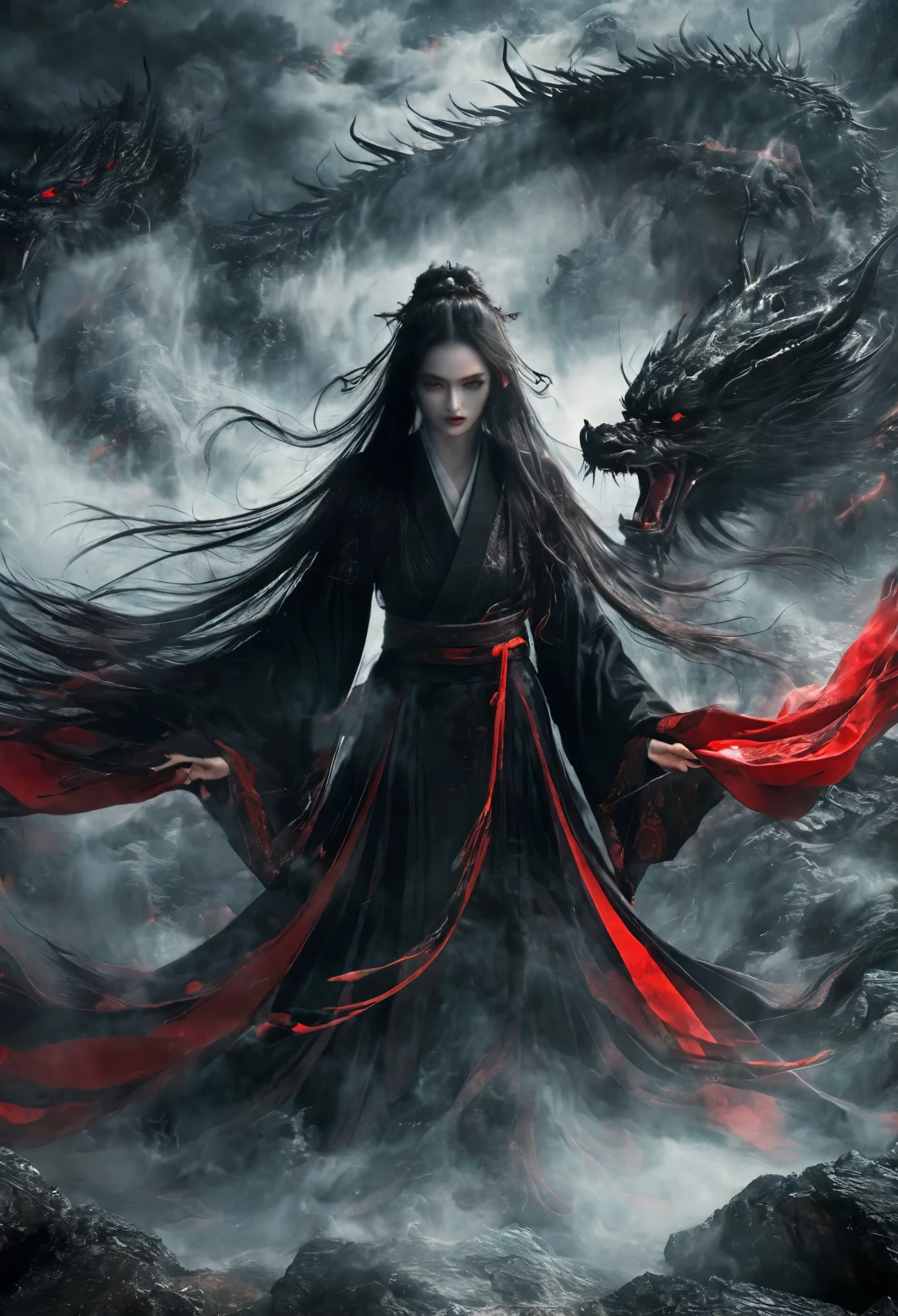 best quality,ultra-detailed,xianxia,death god,beautiful detailed eyes,beautiful detailed lips,extremely detailed eyes and face,flowing long hair,dark and mysterious atmosphere,black cloak,glowing red eyes with a sinister gaze,sword of darkness held tightly in hand,divine aura emanating from the figure,martial arts expert,ancient Chinese setting,misty mountains and waterfalls in the background,wisps of fog floating in the air,dramatic lighting with shadows and highlights,high contrast black and white color scheme,ethereal and otherworldly,profound and powerful presence,thunder and lightning in the distant sky,mythical creatures lurking in the shadows,imposing and intimidating,secrets and mysteries hidden within the scene