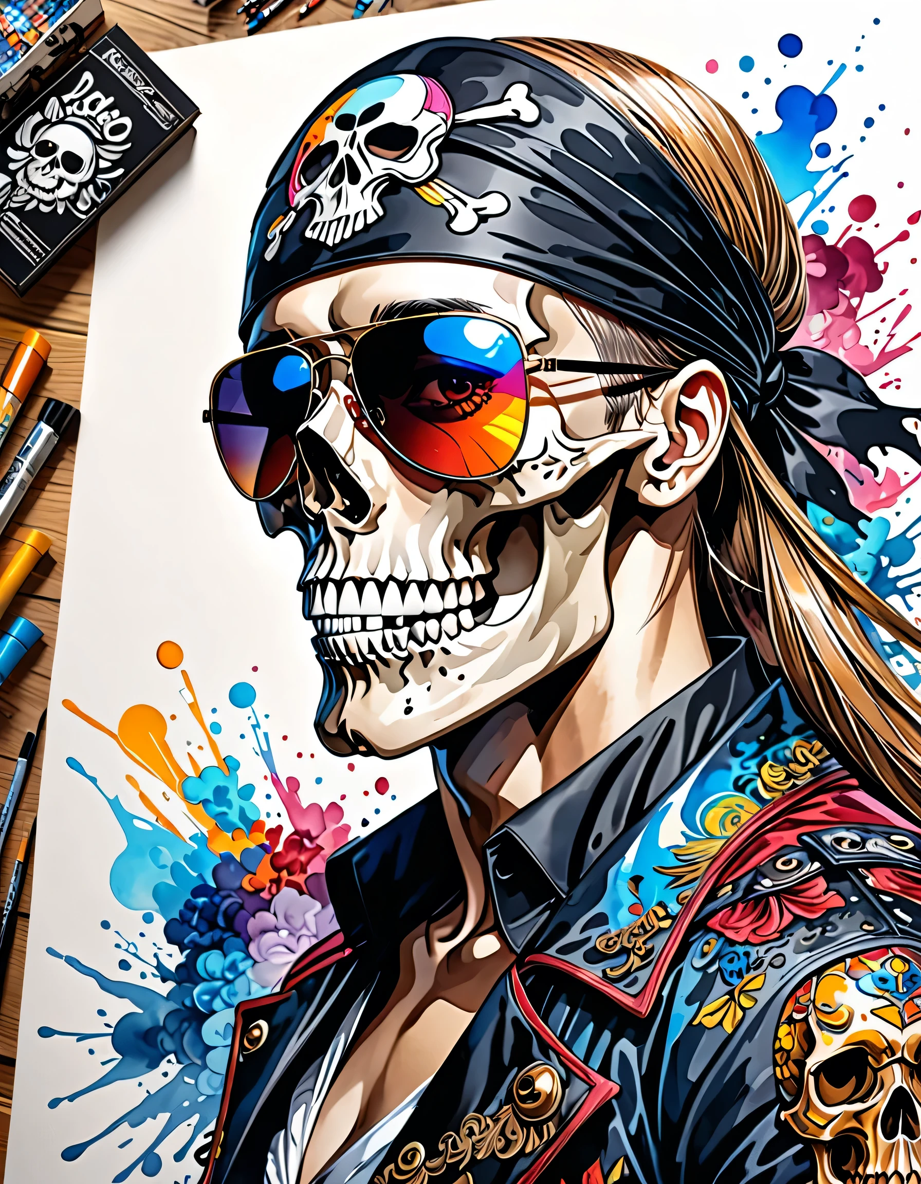 12stairs Style、(((stylish fashion))), 8K Quality、Intense watercolor, Detailed watercolor art, Watercolor splash, Surreal, avant-garde pop art, Beautiful and expressive paintings, Beautiful artwork illustration, Very colorful tones, wonderful, Cool beauty, highest quality、Official Art, Vector art, Stylish design, (((The Strongest SKULL Pirate in History))), (((Stylish sunglasses))), (((pirate ship))), (((highest quality))), HDR, ((detailed)), (((Doodle Art)), ((masterpiece)), ((Super detailed)), (((skull fashion))), (((Stylish))),