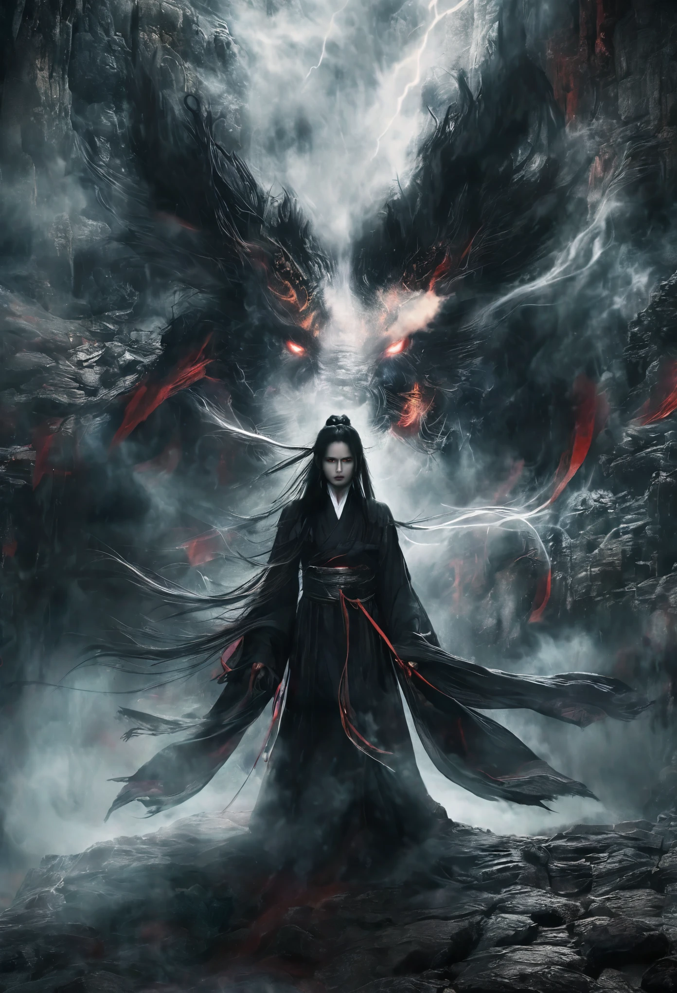 best quality,ultra-detailed,xianxia,death god,beautiful detailed eyes,beautiful detailed lips,extremely detailed eyes and face,flowing long hair,dark and mysterious atmosphere,black cloak,glowing red eyes with a sinister gaze,sword of darkness held tightly in hand,divine aura emanating from the figure,martial arts expert,ancient Chinese setting,misty mountains and waterfalls in the background,wisps of fog floating in the air,dramatic lighting with shadows and highlights,high contrast black and white color scheme,ethereal and otherworldly,profound and powerful presence,thunder and lightning in the distant sky,mythical creatures lurking in the shadows,imposing and intimidating,secrets and mysteries hidden within the scene