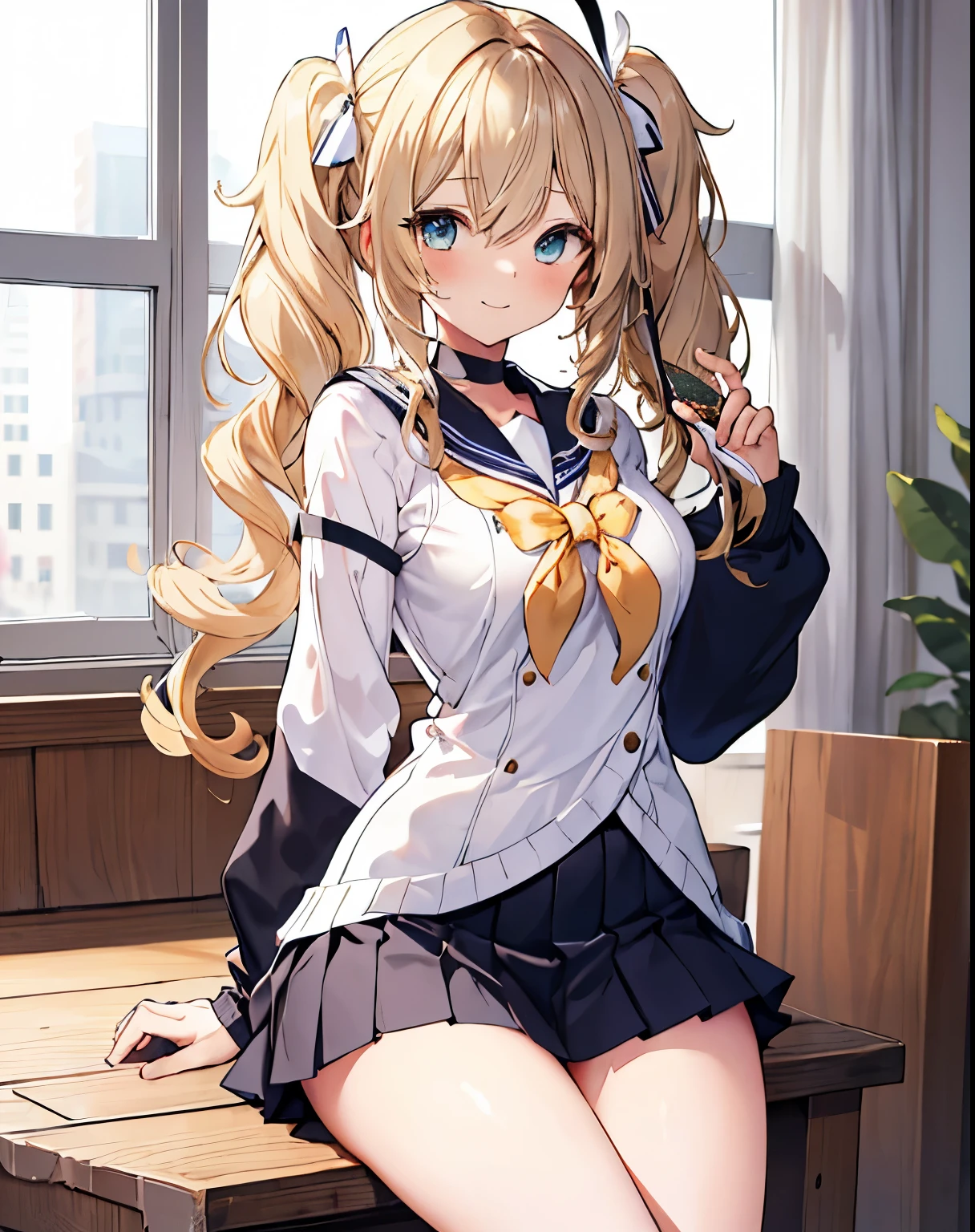 masterpiece,1girl, sparrow, a blonde haired girl, wearing a sailor uniform, black miniskirt, curly long hair, messy hair, slim body, small breasts, she close her left eye, ****ppai, shy smile, beautiful breasts, rounded breasts, aqua eyes, sit, ahoge, barbara, long sleeves