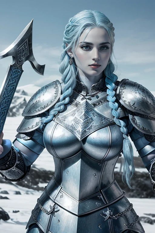 Age33,Icelandic, ((((very beautiful)))), (((angry ))), heavily muscled female frost giant with braided silver hair, ((holding a great axe)),((((pale blue skin)))), ((wearing steel plate mail armour)), earrings, ((realistic eyes)),beautifully detailed eyes, angry