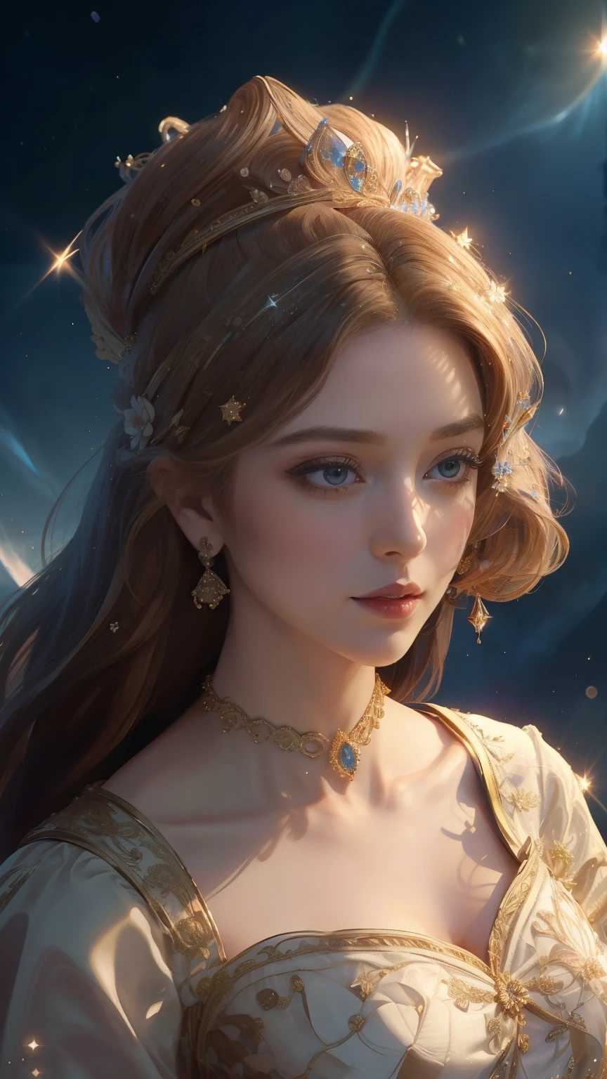 masterpiece,Best image quality,Beautiful bust of a royal woman,Delicate golden hairstyle,Adorned with gorgeous and intricate floral jewelry,Super Detail,Upscaling。Shooting star on background、Night Sky。