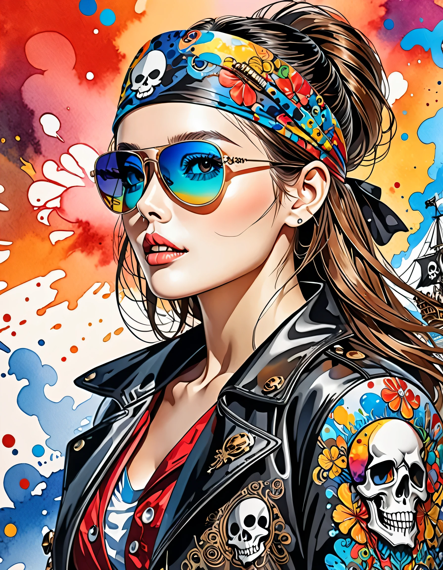 12stairs Style、(((stylish fashion))), 8K Quality、Intense watercolor, Detailed watercolor art, Watercolor splash, Surreal, avant-garde pop art, Beautiful and expressive paintings, Beautiful artwork illustration, Very colorful tones, wonderful, Cool beauty, highest quality、Official Art, Vector art, Stylish design, (((The Strongest SKULL Pirate in History))), (((Stylish sunglasses))), (((pirate ship))), (((highest quality))), HDR, ((detailed)), (((Doodle Art)), ((masterpiece)), ((Super detailed)), (((skull fashion))), (((Stylish))),