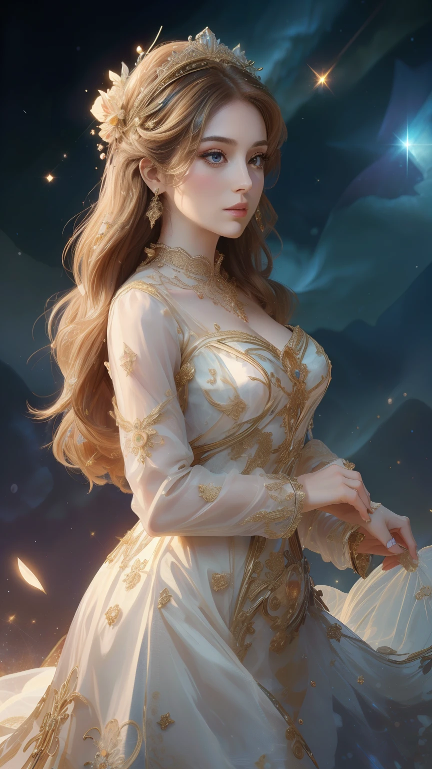 masterpiece,Best image quality,Beautiful bust of a royal woman,Delicate golden hairstyle,Adorned with gorgeous and intricate floral jewelry,Super Detail,Upscaling。Shooting star on background、Night Sky。