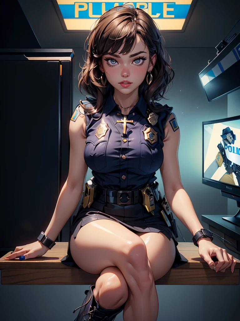 (masterpiece: 1.3), (Maximum resolution: 1.2), (Ultra HDTV: 1.2), Cinema Lighting, Ultra HDTV, (Detailed eyes and skin), (Detailed facial features), High resolution, 8K resolution, Sharp focus: 1.2, Perfect Style, Beautiful Face, Accurate, Anatomically correct, Highly detailed face and skin texture, fine grain, Dark blue eyes, double eyelid, Thin eyebrows, Glitter Eyeliner: 1.2, Natural Cheeks, Glowing Skin, Fair skin: 1.2, Shiny little necklace and earrings, (Glossy lips: 1.4), break, First Person View, (She is a female police officer), (((Black watches on both wrists))),(((Wear a sleeveless button-up shirt, Ultra mini skirt, Shiny police belt,To the Navy, short boots))), (((Exposing your thighs))),(Captivating smile: 1.2), (look at me), ((Pure and cute girl:1.2)), (Layered Hairstyles, Wavy Hair, Light brown hair, Diagonal bangs), Medium Long Hair, (Full Body Shot: 1.2), Focus on the face, ((Very close relationship: 1.2)), (Medium large breasts), (((Inside the police station: 1.6))), ((sit cross-legged on a chair:1.4)), from before,