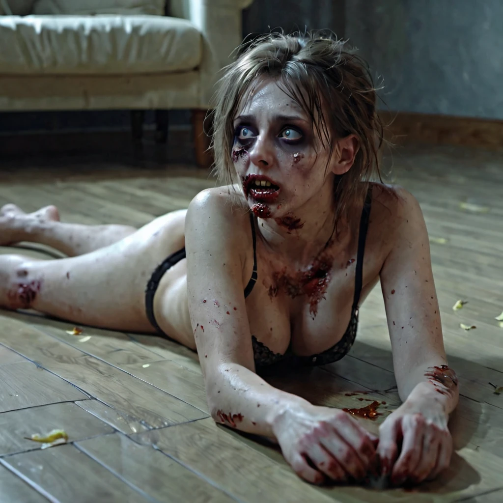 A scared topless girl, lying on the floor, looks very enjoyable, zombie style, looks depressing, high quality, ultra-detailed, crazy details, 4K