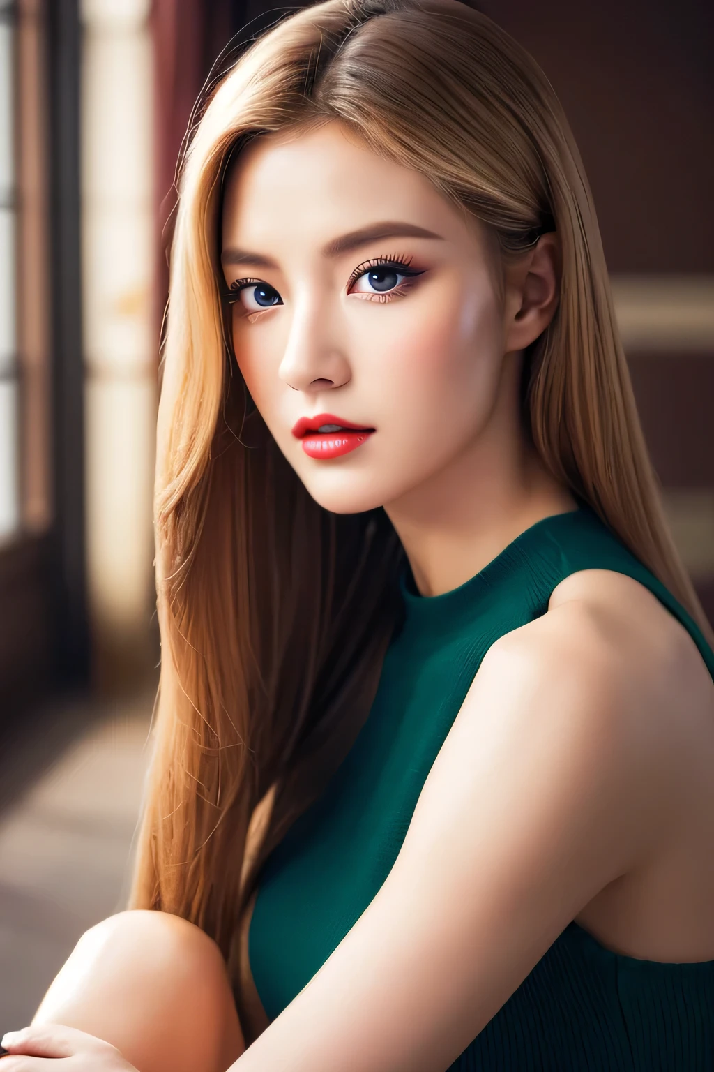 An unparalleled masterpiece, Ultra-realistic 8K CG, Perfect artwork, ((Image of a perfect woman)), Mature Woman, Tight waist, charm, clean, Beautiful Face, {Very delicate and beautiful girl} , 8k wallpaper, {{{masterpiece}} }, 1 girl, blonde, blue eyes, American Drama「Charlie's Angels」、Long Hair,  Red lips,double eyelid、I&#39;Apply mascara、 alone,  (Shiny skin),photo shoot on the beach、Wearing a red bikini、Pose like a model、The sea of Shikanoshima、