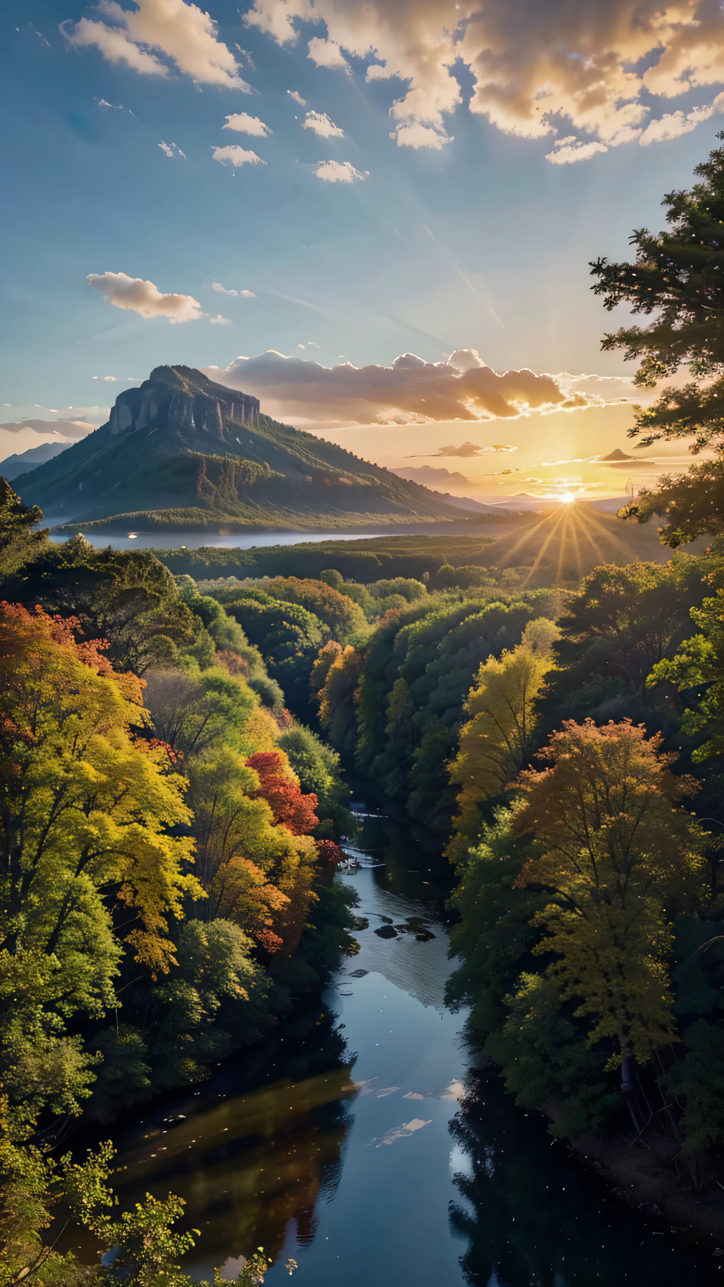 Generate a high-resolution photograph that captures the breathtaking beauty of nature. Focus on showcasing the vibrant colors and intricate details of various natural elements. The scene should include a lush forest with towering trees, a serene river winding through the landscape, and a vibrant sunset casting golden hues across the sky. Add elements like wildflowers in the foreground, birds soaring above, and distant mountains creating a majestic backdrop. The overall mood should be tranquil and awe-inspiring, reflecting the harmony and splendor of the natural world.