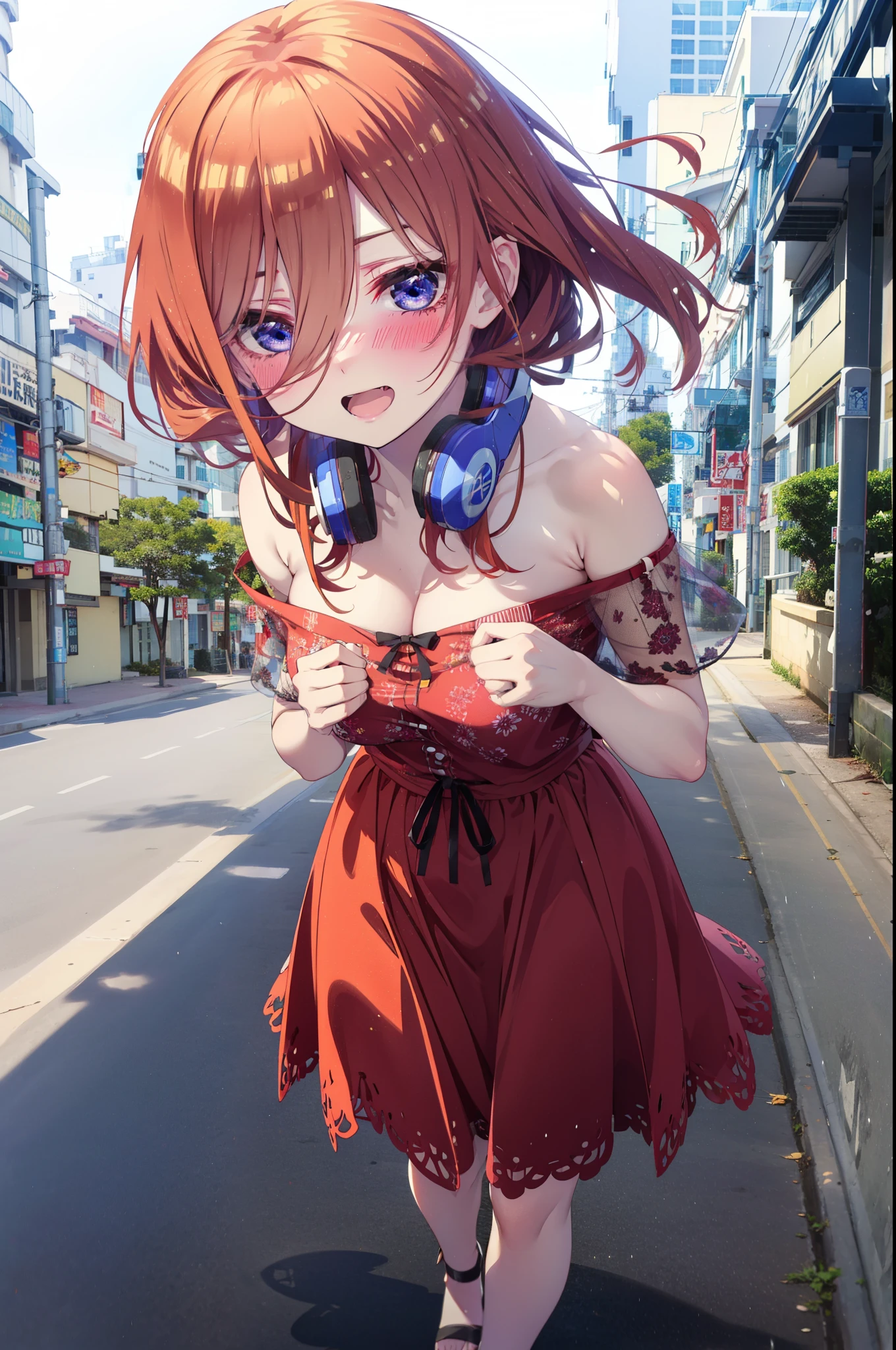 Mikunakano, Miku Nakano, Long Hair, bangs, blue eyes, Brown Hair, shirt, Hair between the eyes, Headphones around the neck,happy smile, smile, Open your mouth,Off-the-shoulder red dress,Expose your shoulders,Spring clavicle,Bare neck,Bare arms,Red long skirt,Cute heeled sandals,Real Summer,Daytime,sunny,My hair is blowing in the wind,whole bodyがイラストに入るように,Looking down from above,
break outdoors, city,海岸通り
break looking at viewer, whole body,
break (masterpiece:1.2), highest quality, High resolution, unity 8k wallpaper, (shape:0.8), (Beautiful details:1.6), Highly detailed face, Perfect lighting, Highly detailed CG, (Perfect hands, Perfect ???????),