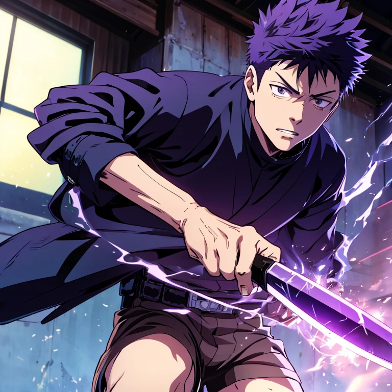 Screenshot jujutsu kaisen anime 16 year old boy with slightly long dark purple hair and purple eyes holding a knife with blue fire in his hand