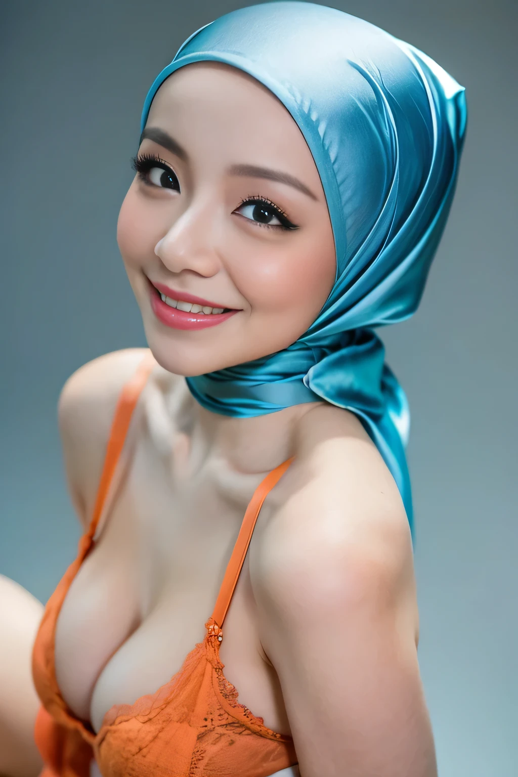 Malay hijab girl wearing sexy orange color satin bra and panties portrait photography, mid shot photo, ultra detail, professional photograph with professional lighting, smile, light blue studio background, sexy seducing pose, curvy