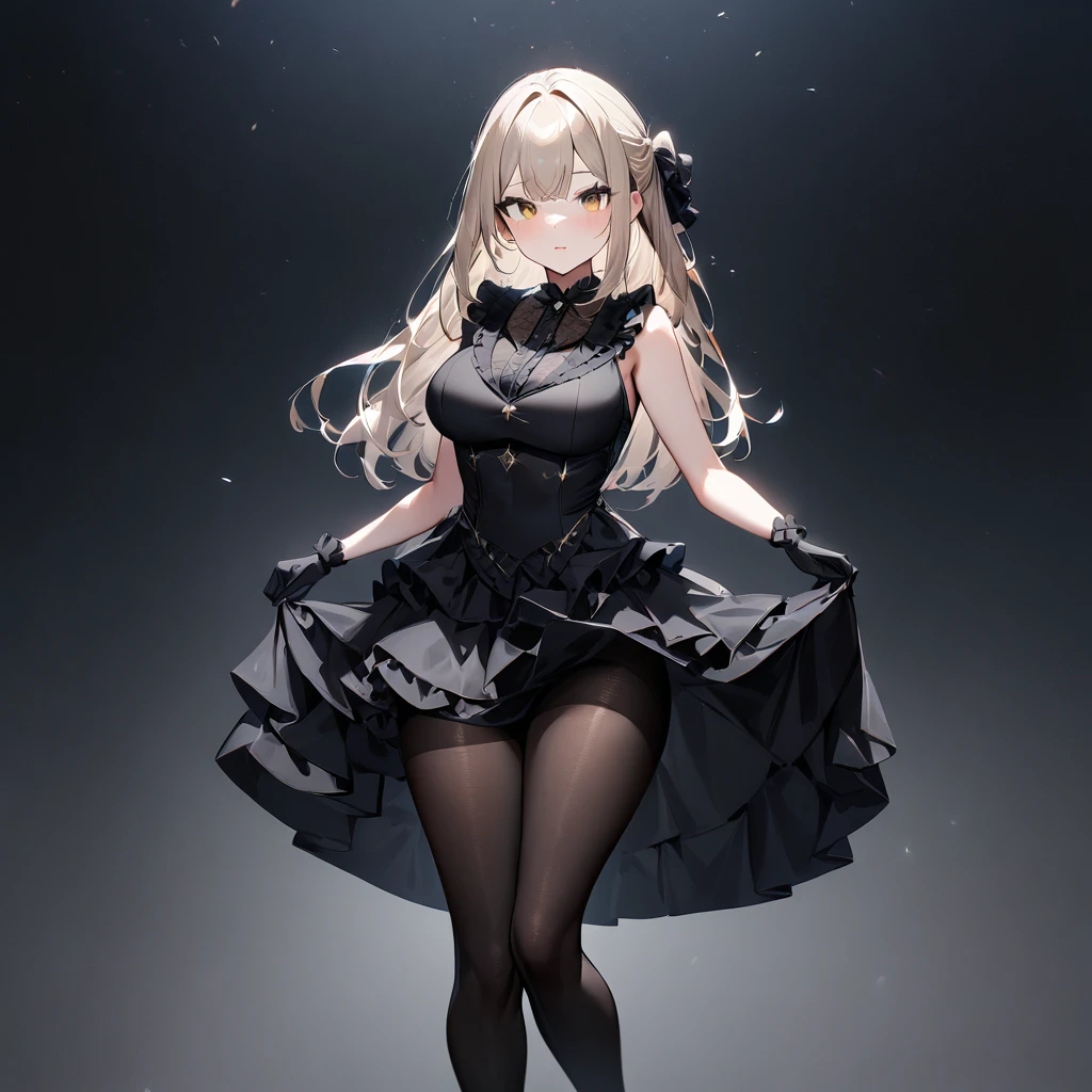 1 girl,best quality, very aesthetic,absurdres,looking at viewer,front view,Lovely lady,,skirt lift,high-grade,layer,westfrill,light hair,multilayer,blackcolor,trim,(side-Crisscross),breasts,upscale,Layered,yellow pale,blackglove,pantyhose,lovely,all black,Sleeveless,open stance,curtsey,impossible_clothes,half up,blouse,spread,uphair,(saturation)