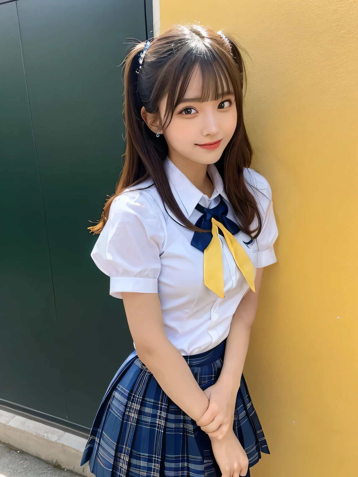 highest quality、Put your arms down、Put your hands down、figure、 Cleavage、Ultra-detailed、High resolution、8k wallpaper、Perfect dynamic composition,、Beautiful fine details、Natural color lip、Bold sexy pose、smile、18-year-old girl、cute、Sexy shot looking at the camera、(highest quality: 1.3), (masterpiece: 1.3), (Super Detail: 1.3), (One Girl: 1.1), (Detailed hands and fingers:1.2)、(Ultra-oily, lustrous skin with attention to detail:1.1)、Oily shiny knee socks、(The perfect school girl uniform:1.3)、Short-sleeved shirt with front opening、Cleavage、sexy、(Beautiful shapely small breasts:1.3)、(Red mini skirt:1.2)、I can see your thighs、Brown Hair、Twin tails、Beautiful sister、Yellow wall,sexy、I can see your thighs、