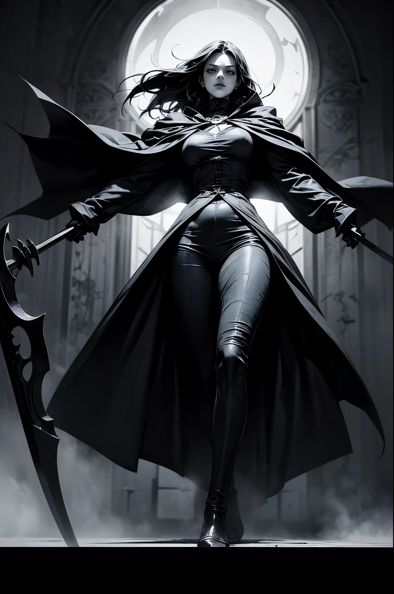 (dark, eerie, terrifying:1.2),deathly figure,ominous presence,ominous scythe,comic book panels,dramatic, solo pose,epic,black cloak,glowing red eyes,gothic ambiance,mystical,contrast of light and shadow.