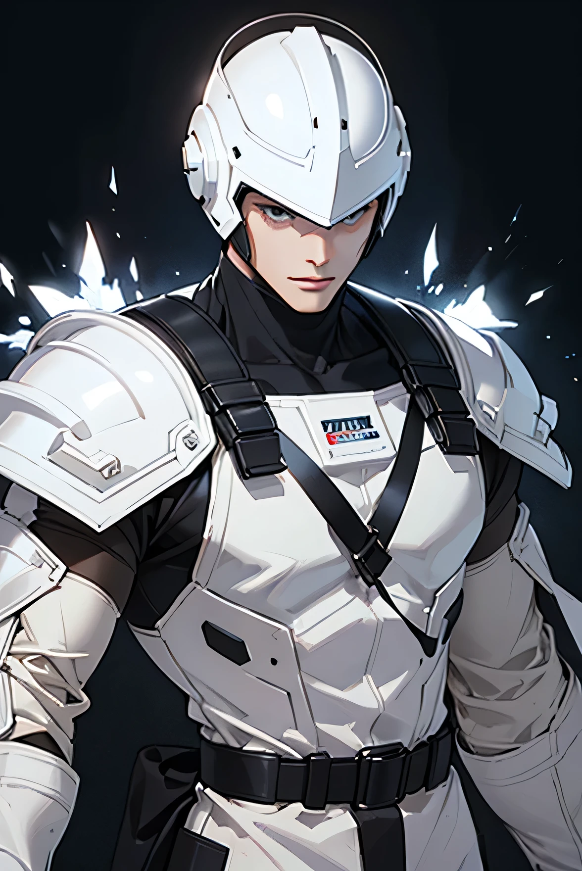 Beautiful guy　Very short, cropped black hair　White tight rubber suit　Rubber gloves　Bulge　future　universe　White armor　Armor　White armor　Wearing a helmet　Science fiction with visible faces
