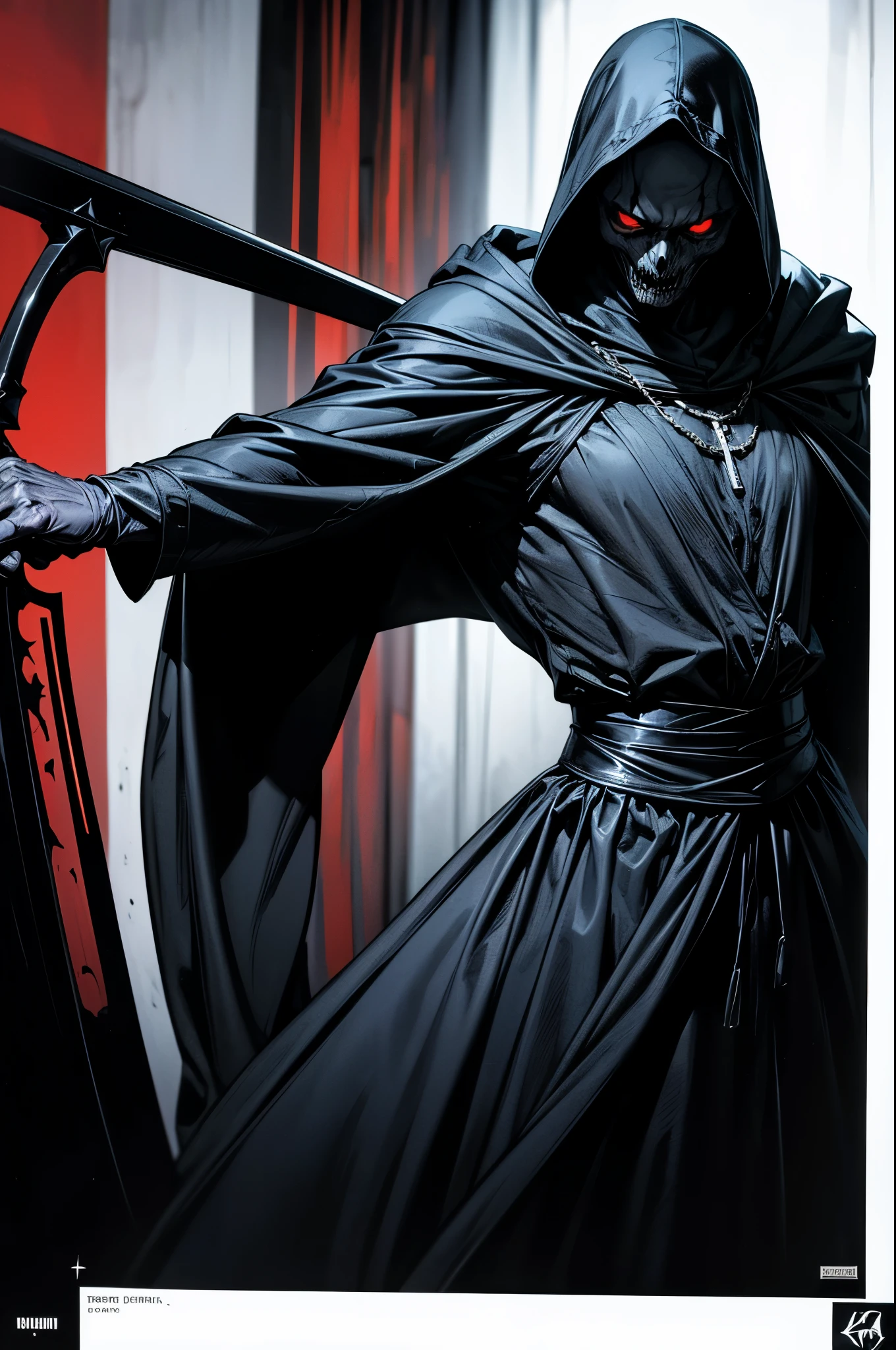 (dark, eerie, terrifying:1.2),deathly figure,ominous presence,ominous scythe,comic book panels,dramatic, solo pose,epic,black cloak,glowing red eyes,gothic ambiance,mystical,contrast of light and shadow.