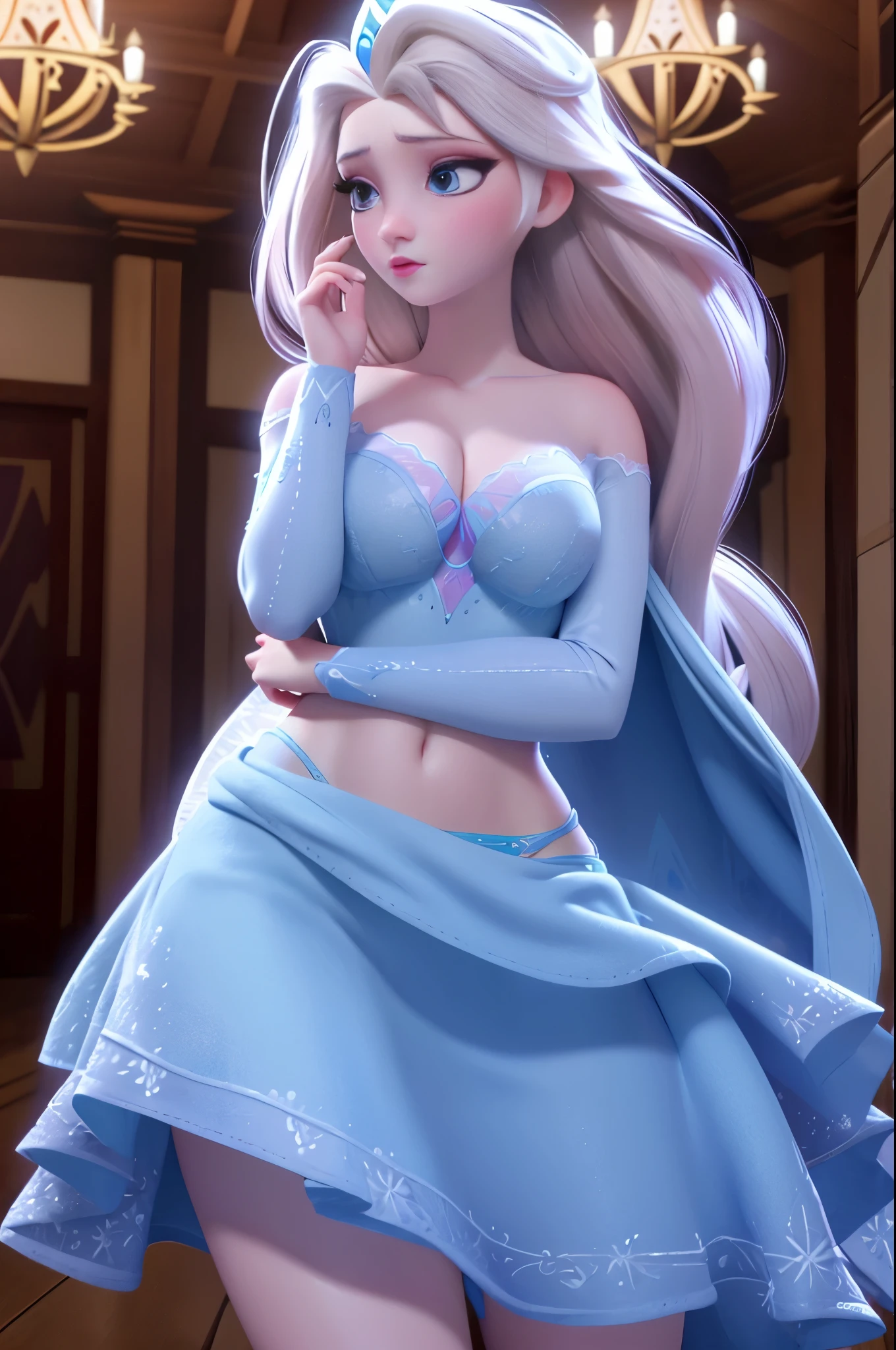 Primer plano de texturas detalladas en alta calidad,princesa elsa, lenceria azul, top corto, pechos grandes, escote profundo, sexy, ropa interior sexy, sexy bra, vestido rasgado, primer plano, mujer en bikini, bikini
