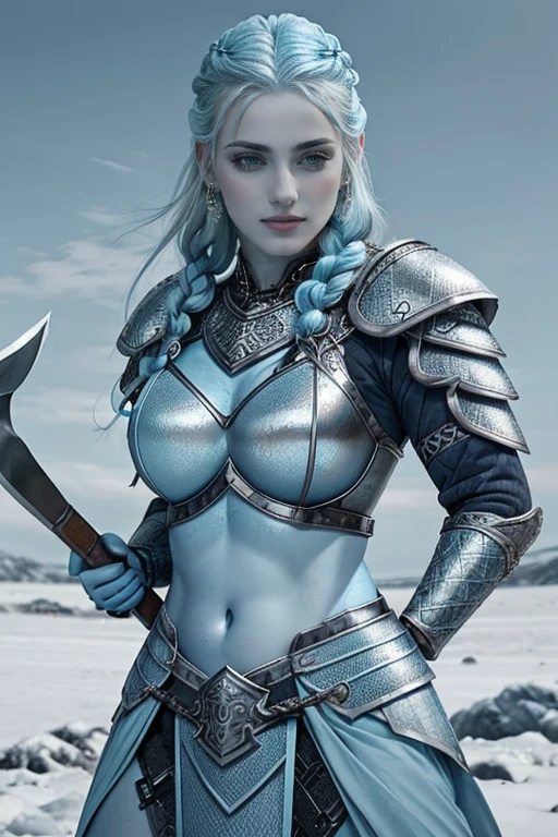 Age33,Icelandic,(((angry))), ((((very beautiful)))),  heavily muscled female frost giant with braided silver hair, ((holding a great axe)),((((pale blue skin)))), ((wearing steel plate mail armour)), earrings, ((realistic eyes)),beautifully detailed eyes, angry 