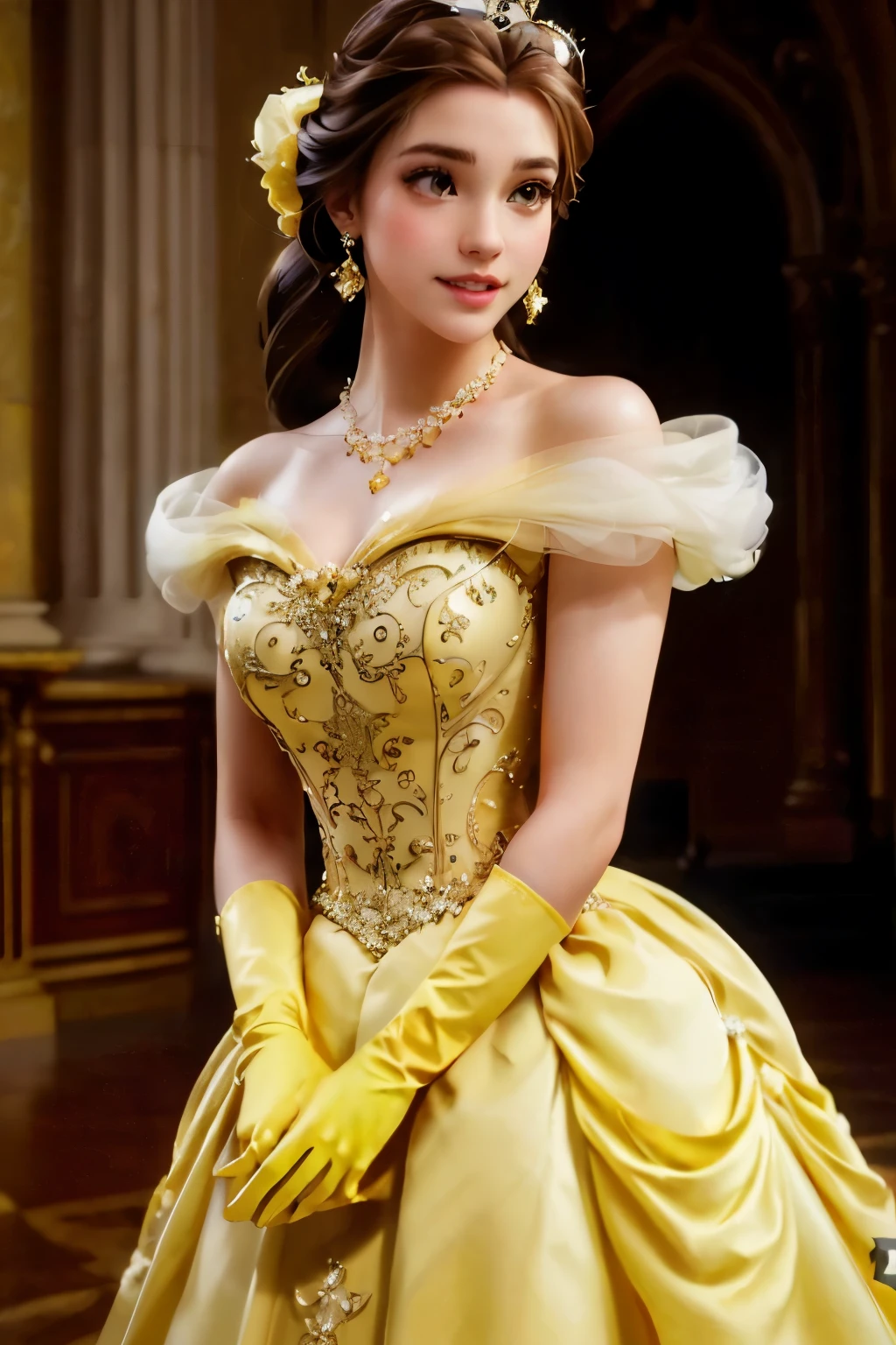 Woman posing for a photo wearing a yellow dress and gloves, Olivia、I blame Mrs. Winter., Beautiful woman princess, Beautiful Princess, Royal gowns, Beautiful costumes, Golden Corset, ornate Royal gowns, Beautiful Queen, Dressed in the Queen's costume, Ancient Queen Emma Watson, Rococo Queen, Bell, Royal dress, Detailed dress and face, Wearing a luxurious dress,(8K,RAW Photos),(Best Quality),(Masterpiece Loose),(Realistic,)(写実的でRealistic),(High resolution),Hyper Detail,(Gentel Realism:1.1),Beautiful Face, (1 Female:1.1),High resolution), (8k), (Very detailed), (4K), (Pixiv), Perfect Face, Beautiful eyes and face, (highest quality), (Very detailed), Detailed face and eyes, (alone), Textured skin, Absurd, High resolution, (Dynamic Angle:1.3) (Dynamic Pose:1.3),Disney Princesses,Bell