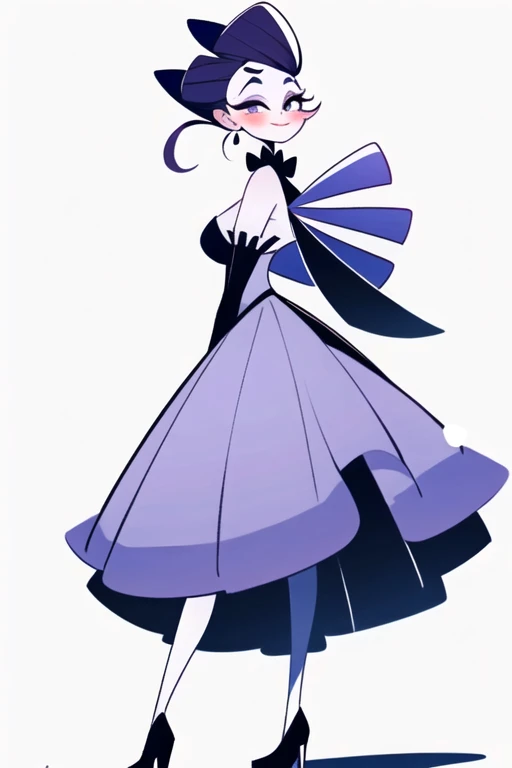 tall Girl simple style, front view, antique 50's elegant purple clothes hazbin hotel style (helluva boss style) white skin, vivziepop