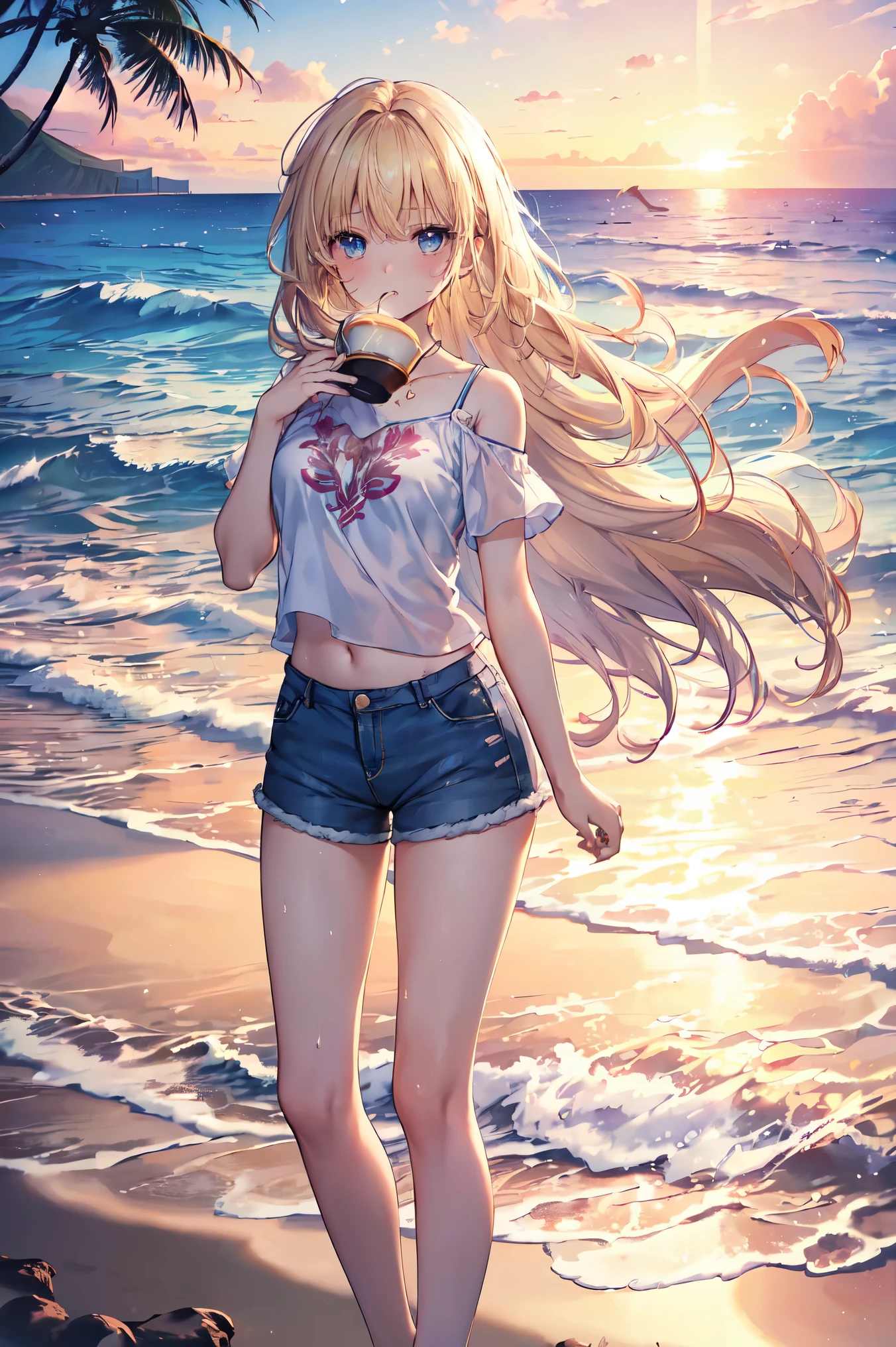 最high quality、Best image quality、masterpiece、Teenage Girl((18-year-old、 By becoming、Best Bust、Medium Bust,Tea with a wide open chest、blue eyes, Blonde Hair、Habitual hairstyle、Long Hair、thin,Highest valley、Blue shorts、Attractive face、sweating、like、Stay close to your audience、Leaning forward、Hair blowing in the wind)),high quality、Beautiful art、background((Hawaii、Waikiki、Palm tree、Beach、sunset))Flying debris、Written boundary depth、movie、Visual Arts、Perfect art、8k,Genuine