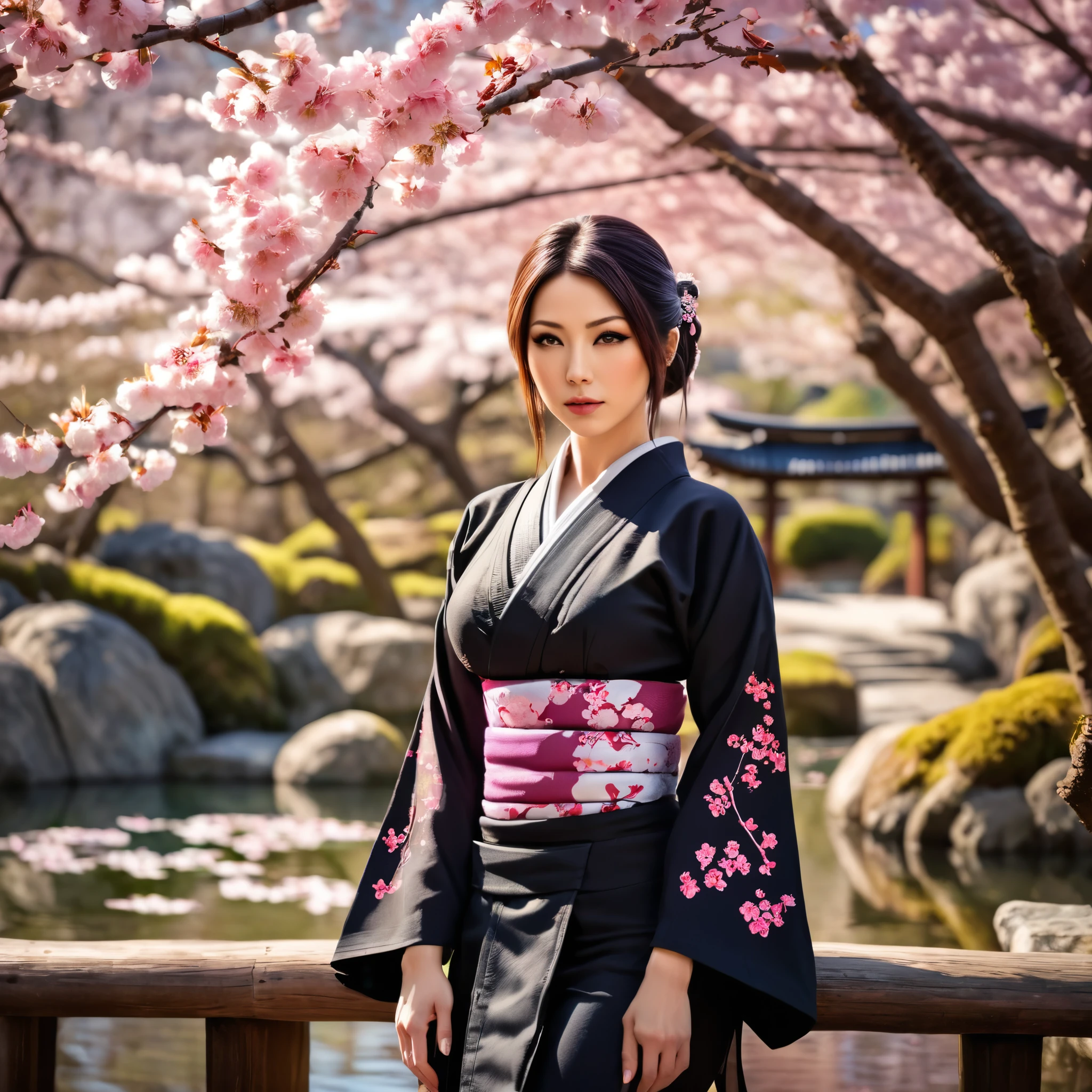 (an alluring beautiful woman:1.1) in a tranquil Japanese garden, (during cherry blossom season), with (dark:0.9, gothic:0.9) elements, blending (natural beauty) with (gothic aesthetics), (photo-realistic) [highres], (HDR), (vivid colors), (bokeh), (professional), (sharp focus), (studio lighting), (ultra-detailed), (physically-based rendering), (extreme detail description)