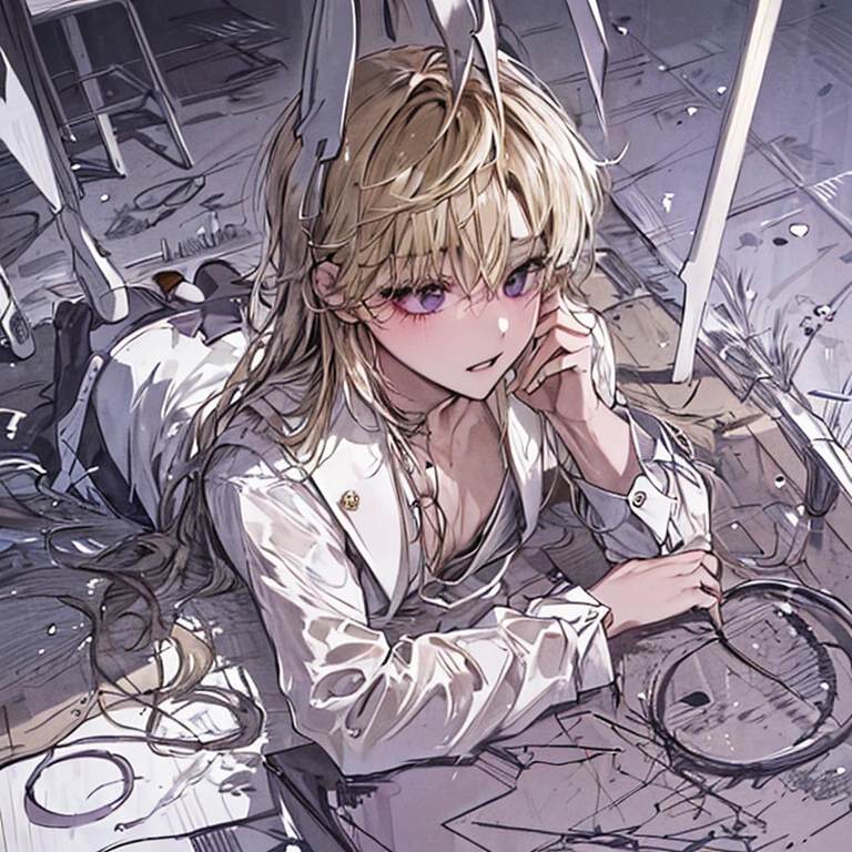 (Absurd, High resolution, Super detailed),(masterpiece, highest quality:1.2),One boy,Close-up shot,Long Hair,Blonde,Hair Covers Right Hair, To the audience, Very fine grain,Purple Eyes, good looking