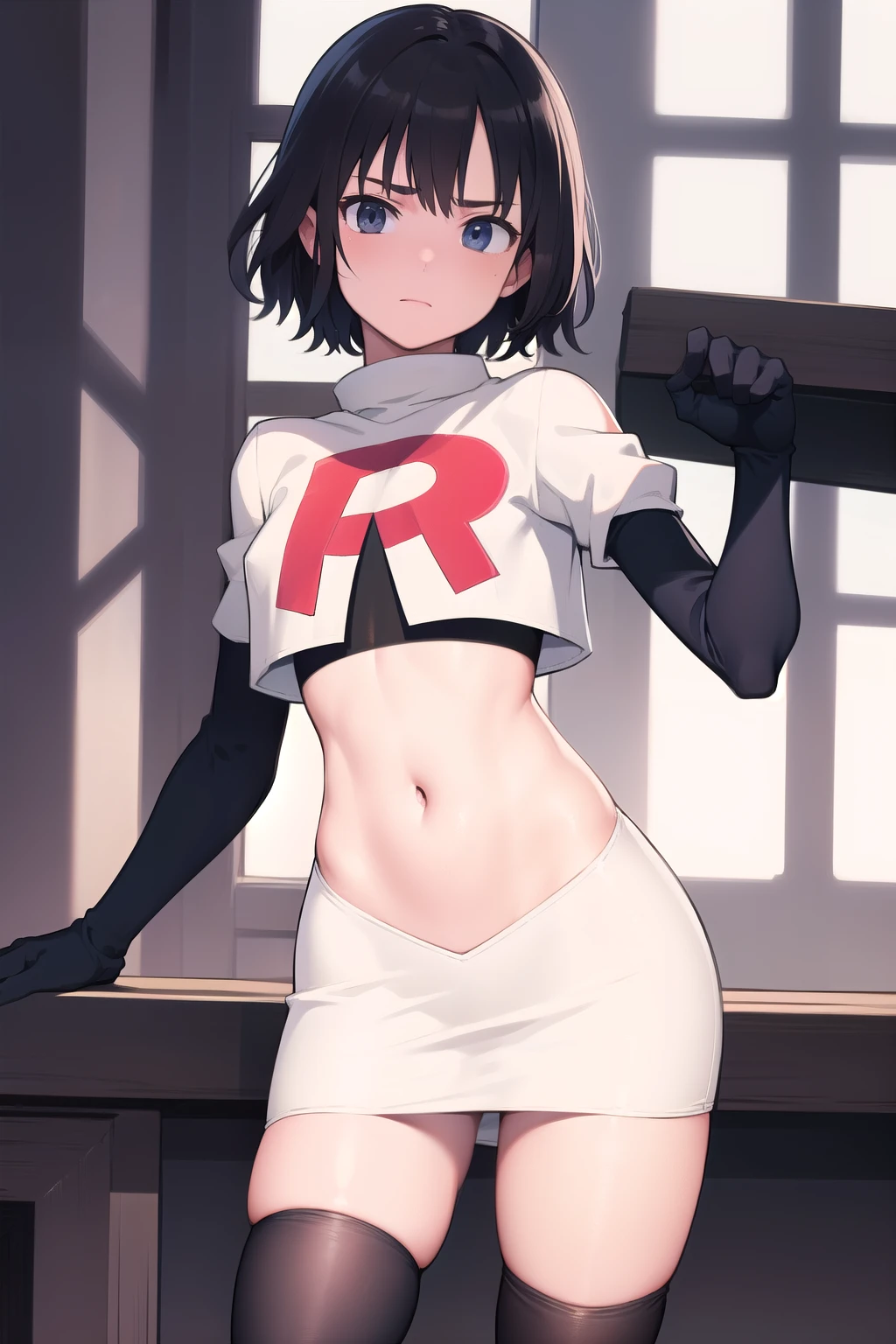 masterpiece, absurdres, male focus, trap, crossdressing,1boy, team rocket,team rocket uniform,white skirt,red letter R,crop top,black thigh-highs,black elbow gloves