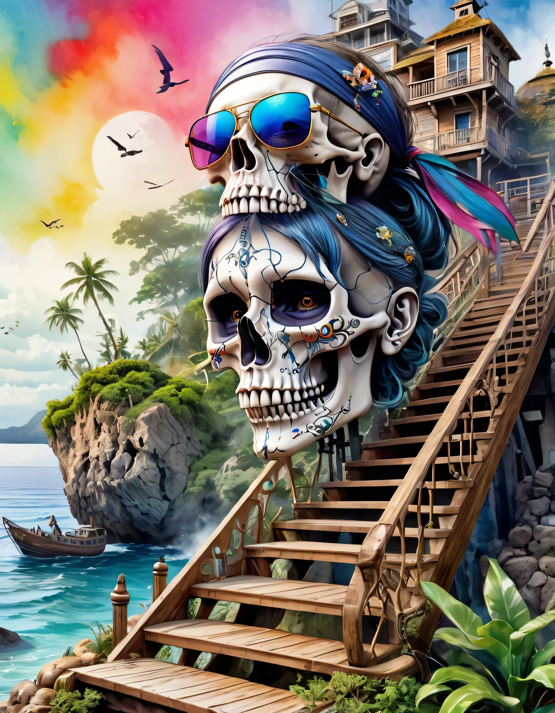 12stairs Style、(((stylish fashion))), 8K Quality、Intense watercolor, Detailed watercolor art, Watercolor splash, Surreal, avant-garde pop art, Beautiful and expressive paintings, Beautiful artwork illustration, Very colorful tones, wonderful, Cool beauty, highest quality、Official Art, Vector art, Stylish design, (((The Strongest SKULL Pirate in History))), (((Stylish sunglasses))), (((pirate ship))), (((highest quality))), HDR, ((detailed)), (((Doodle Art)), ((masterpiece)), ((Super detailed)), (((skull fashion))), (((Stylish))),