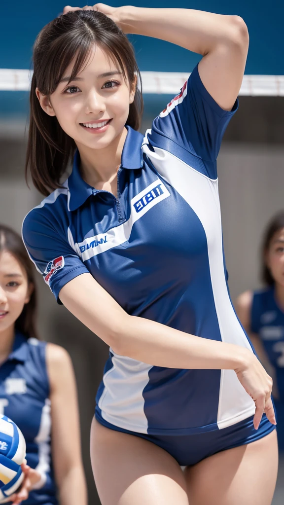 8k, RAW Photos, highest quality, masterpiece, Realistic, Photorealistic, (1 Ultimate beauty), 20years old, Highly detailed face, (Perfect Teeth), Detailed eyes, double eyelid, eyelash, Grin, Lip details, brunette bob, small Breasts, ((blue Japan_national_team volleyball_uniforms)),Soft Light, ((Written boundary depth)) 、Shot in the back、Total、Stick your butt out、With legs open、Slender body、Inverted nipples, volleyball coat,