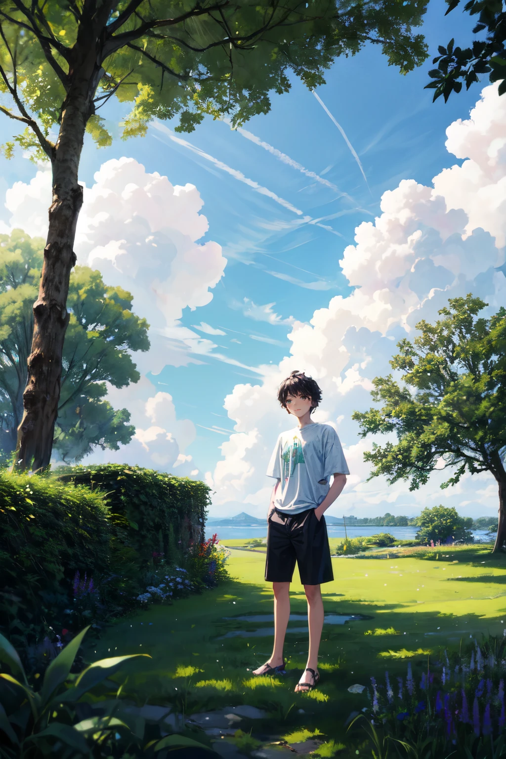 ((best quality)), ((masterpiece)), (detailed), Generate a serene, picturesque scene featuring a cute boy leaning casually against a tree. The boy has a friendly and gentle expression, with short, neatly styled hair and wearing casual, comfortable clothing such as a t-shirt and jeans and shoe. He is in the middle of a lush, green natural landscape, with vibrant grass and scattered wildflowers around him. The tree he is leaning against has a sturdy trunk and a full canopy of green leaves. The sky above is a clear, bright blue with a few fluffy white clouds drifting by. The overall atmosphere is peaceful and cheerful, capturing the beauty and tranquility of nature on a sunny day.