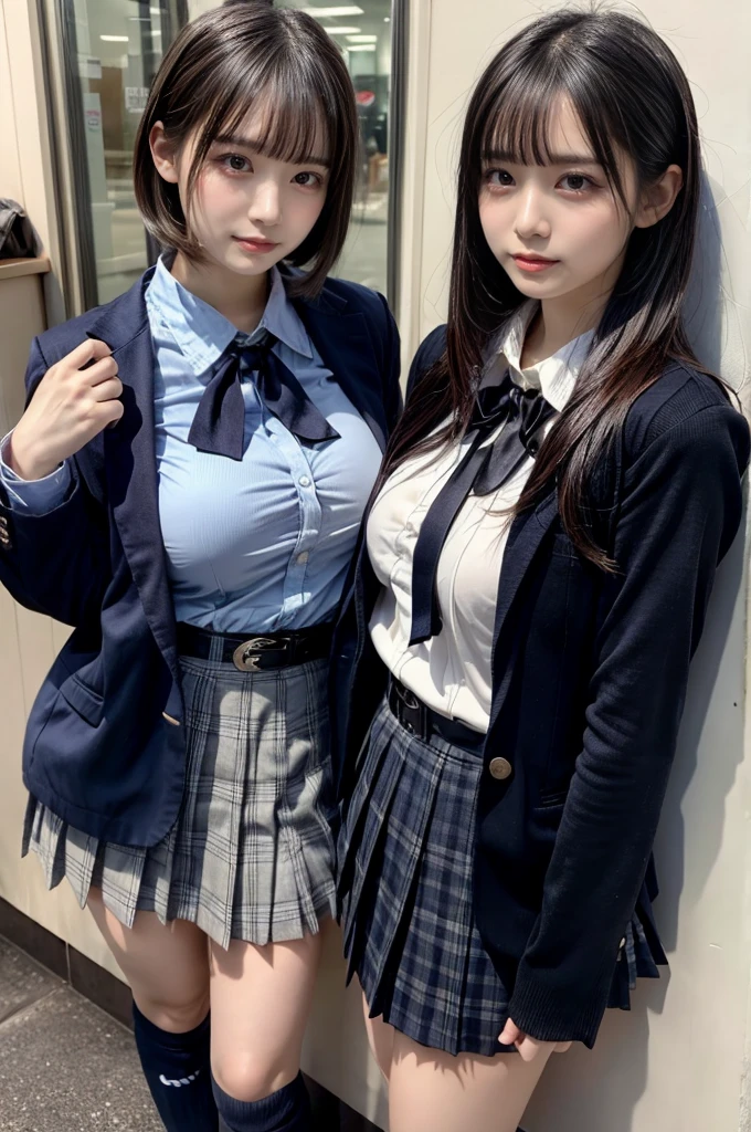 muster piece, best quality, illustration, Super detailed, fine details, High resolution, 8K,wall paper, perfect dynamic composition,(Details High quality, realistic depiction of eyes:1.3), (2 girls), from side, High School Classroom、High school girl uniform、blazer 、Super Short Check Uniform Skirt、Navy blue high socks、garterbelts、Colossal tits、Disturbed uniform, short bob hair, black hair color, huge breasts, Big Natural Color Lip, bold sexy pose, (perfect body shape), crying a little、cold gaze, Harajuku style、20 year old girl、 beautiful legs, hposing Gravure Idol, Voluptuous thighs